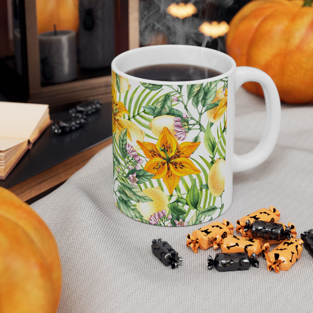 Citrus Lily Ceramic Mug — Tropical Floral Coffee Cup (11oz & 15oz)