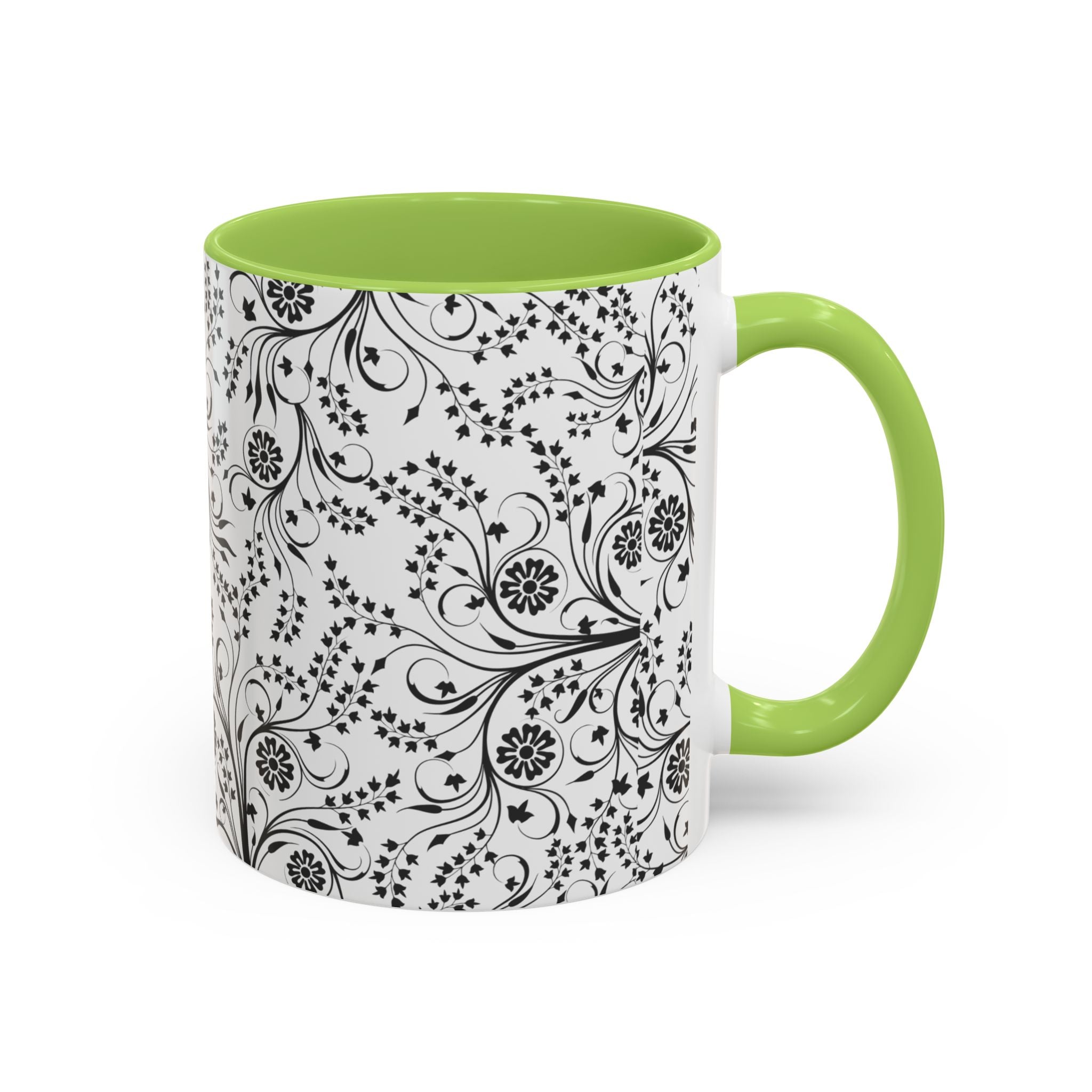 Black Floral Accent Coffee Mug — Elegant Swirl Pattern (11/15oz)