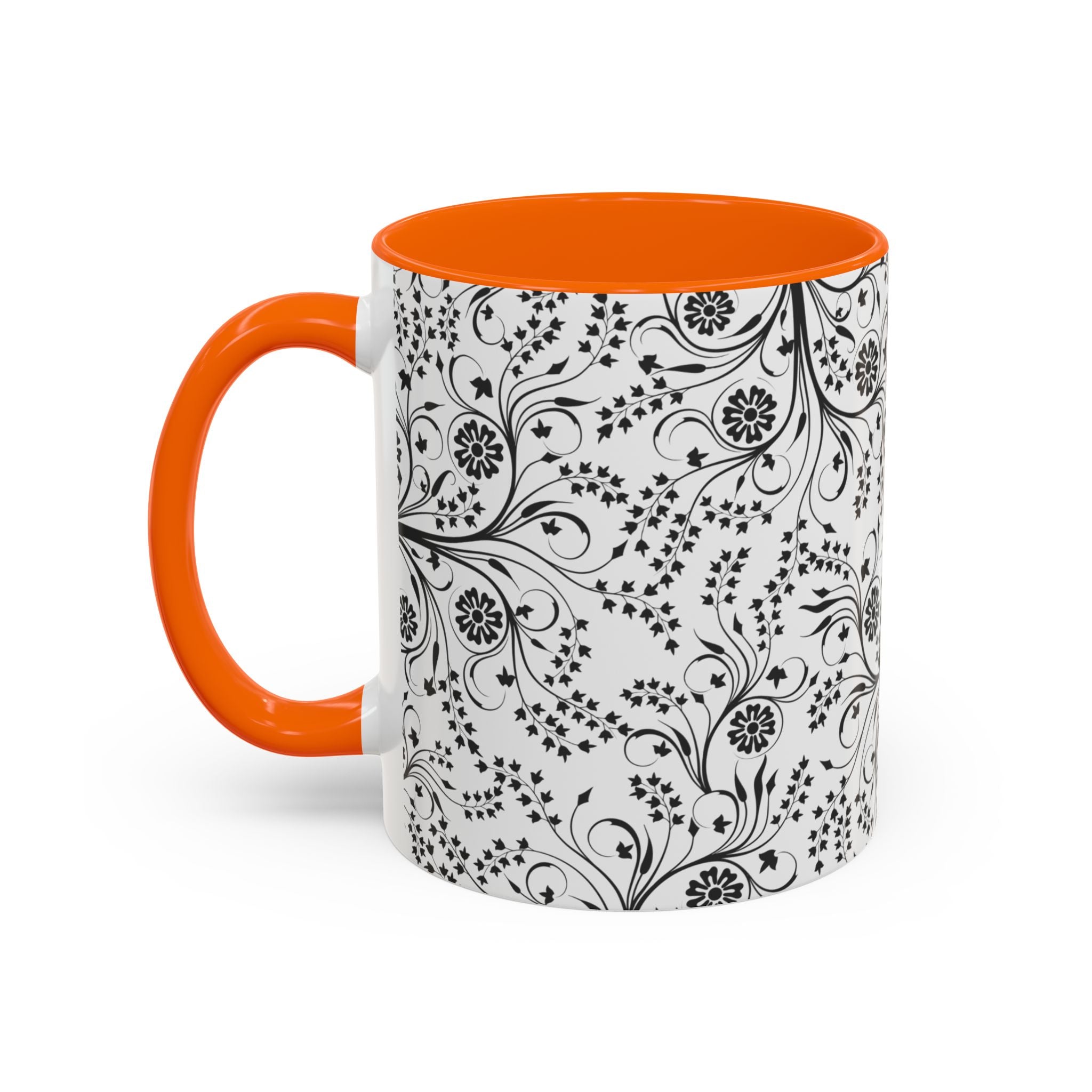 Black Floral Accent Coffee Mug — Elegant Swirl Pattern (11/15oz)