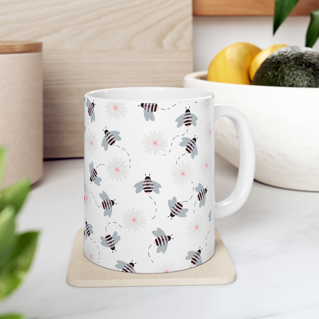 Bee Pattern Ceramic Mug — Cute Striped Bees & Pink Flower Dots, 11oz/15oz