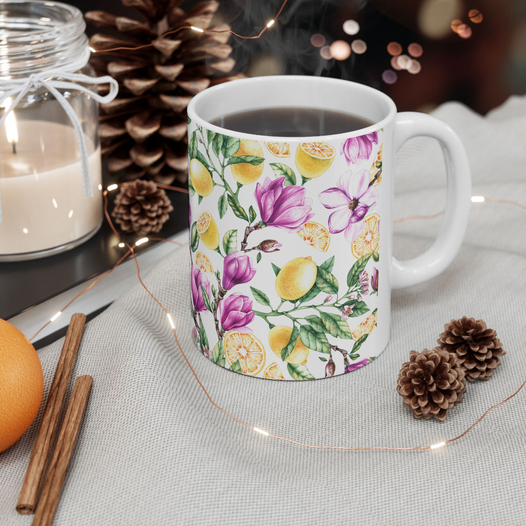 Lemon & Magnolia Floral Ceramic Mug (11oz, 15oz)