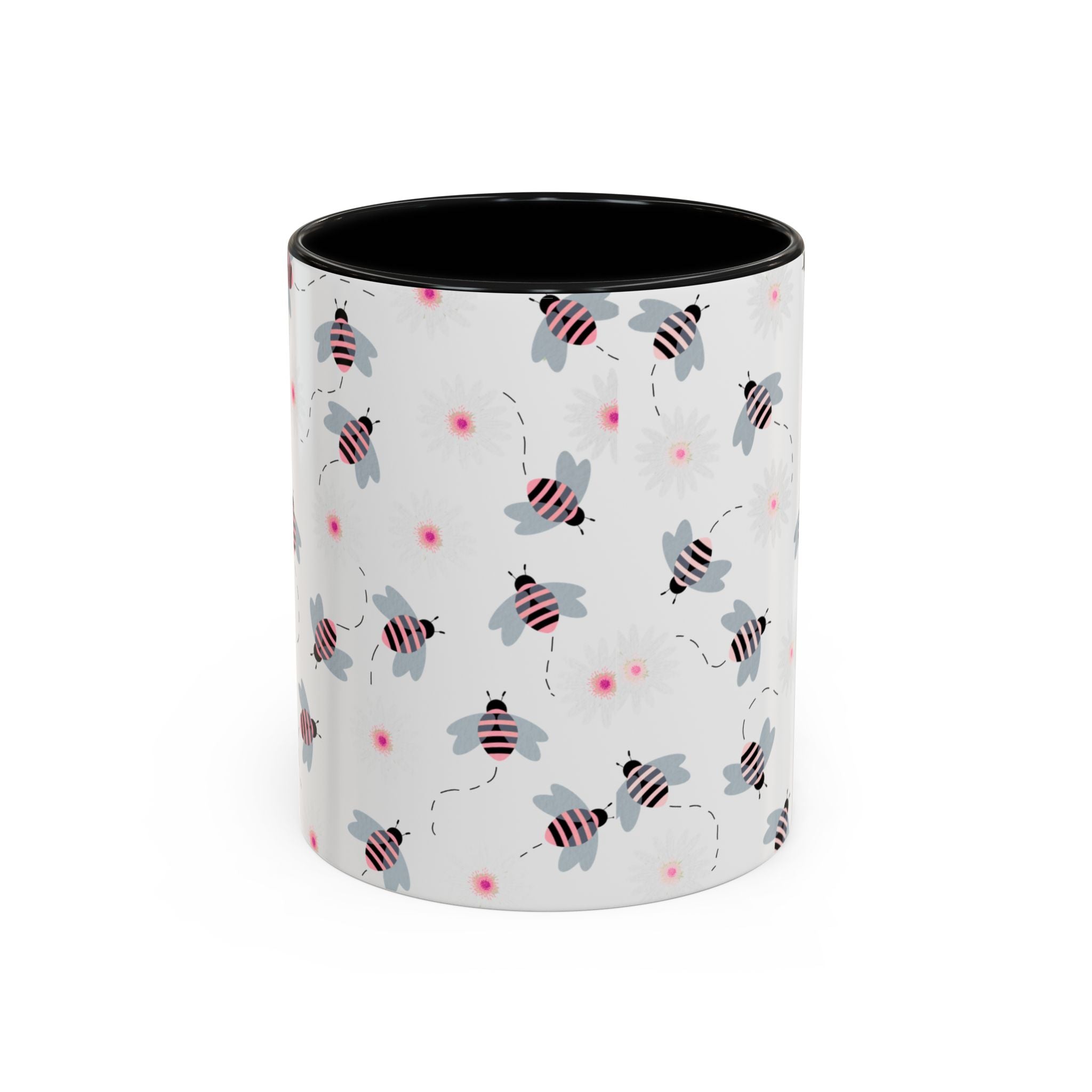 Bee Pattern Accent Coffee Mug — Cute Floral Honeybee Design, 11/15 oz