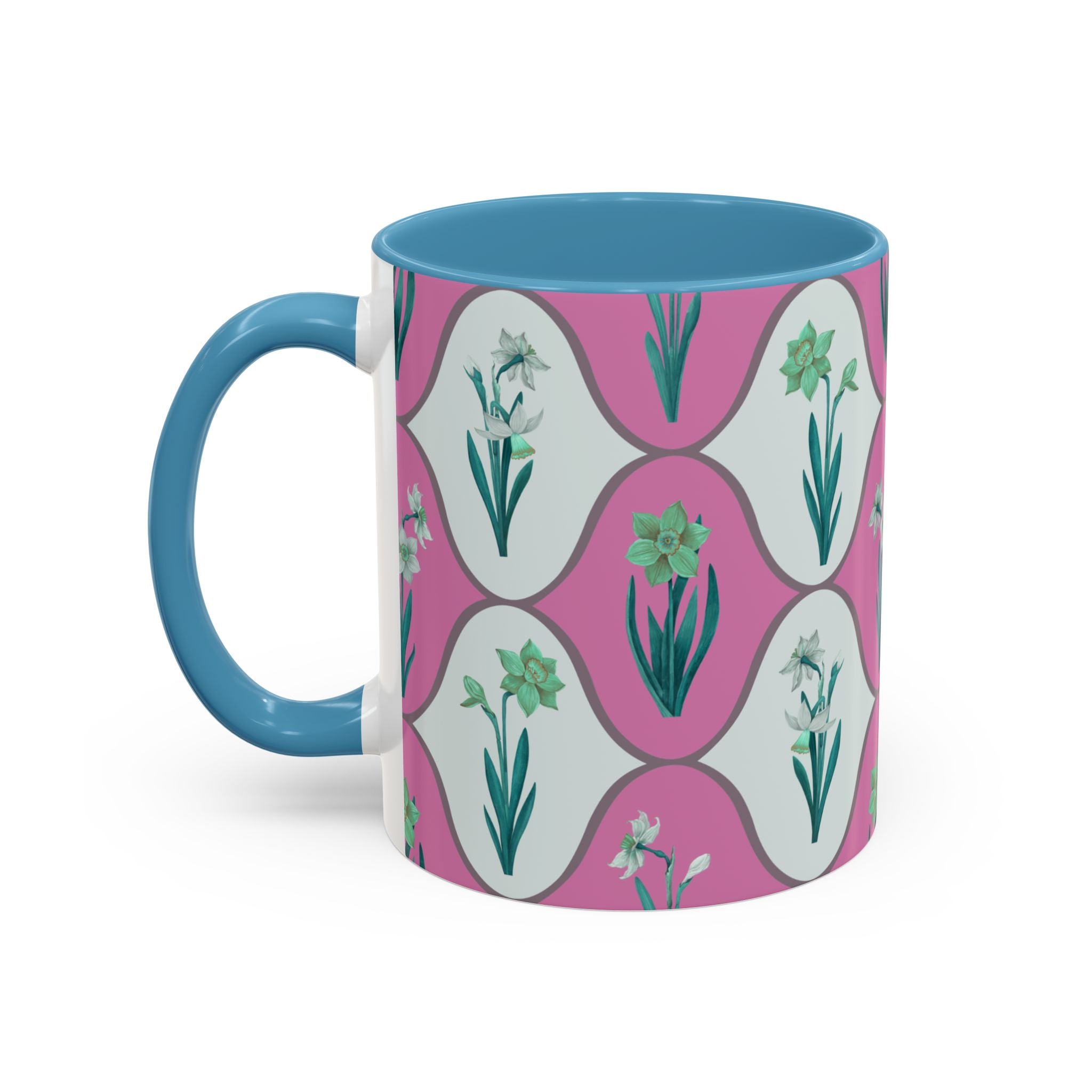 Floral Wave Accent Coffee Mug – Pink Retro Daffodil Pattern (11/15oz)