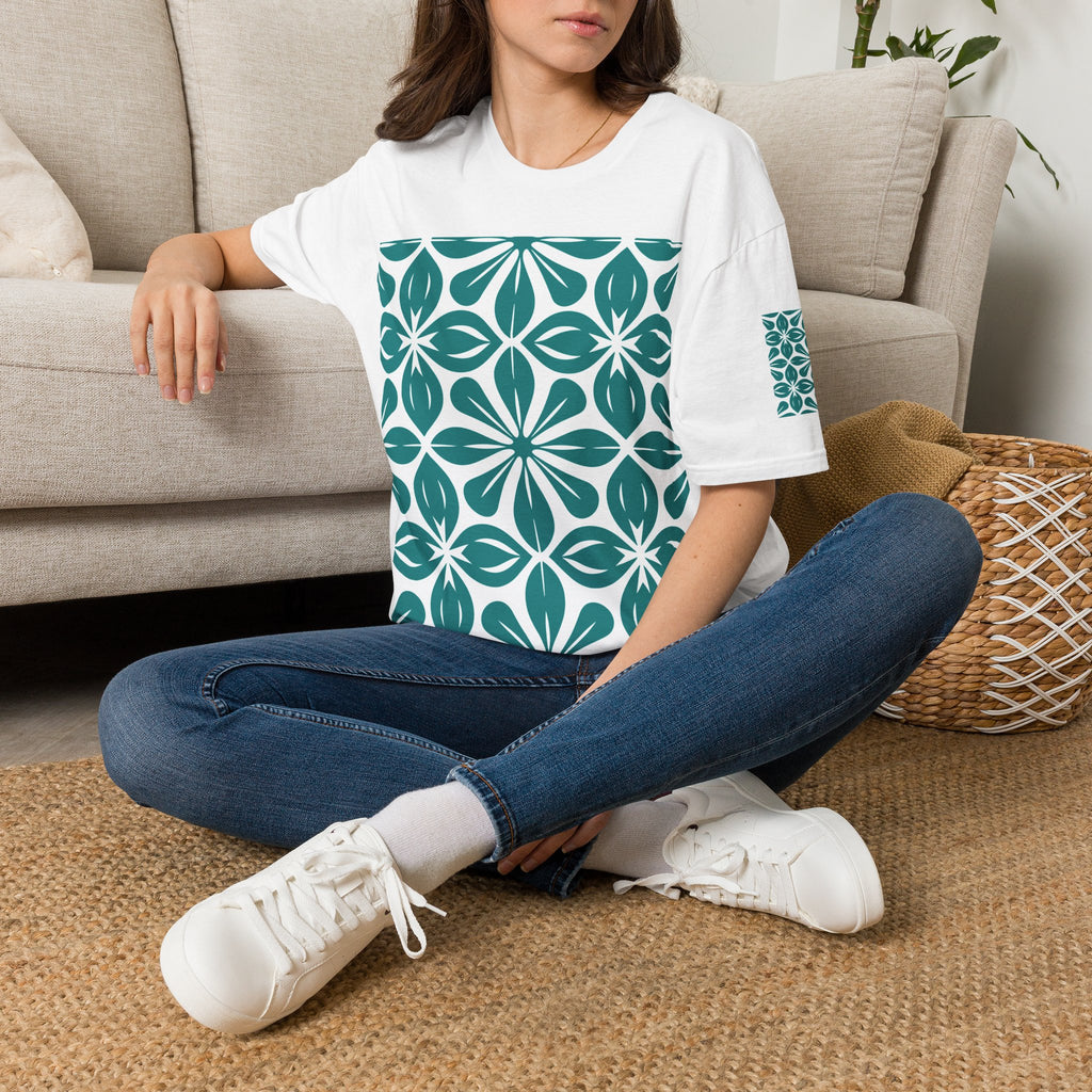 Teal Tile Pattern T‑Shirt — Retro Geometric Floral Graphic Tee