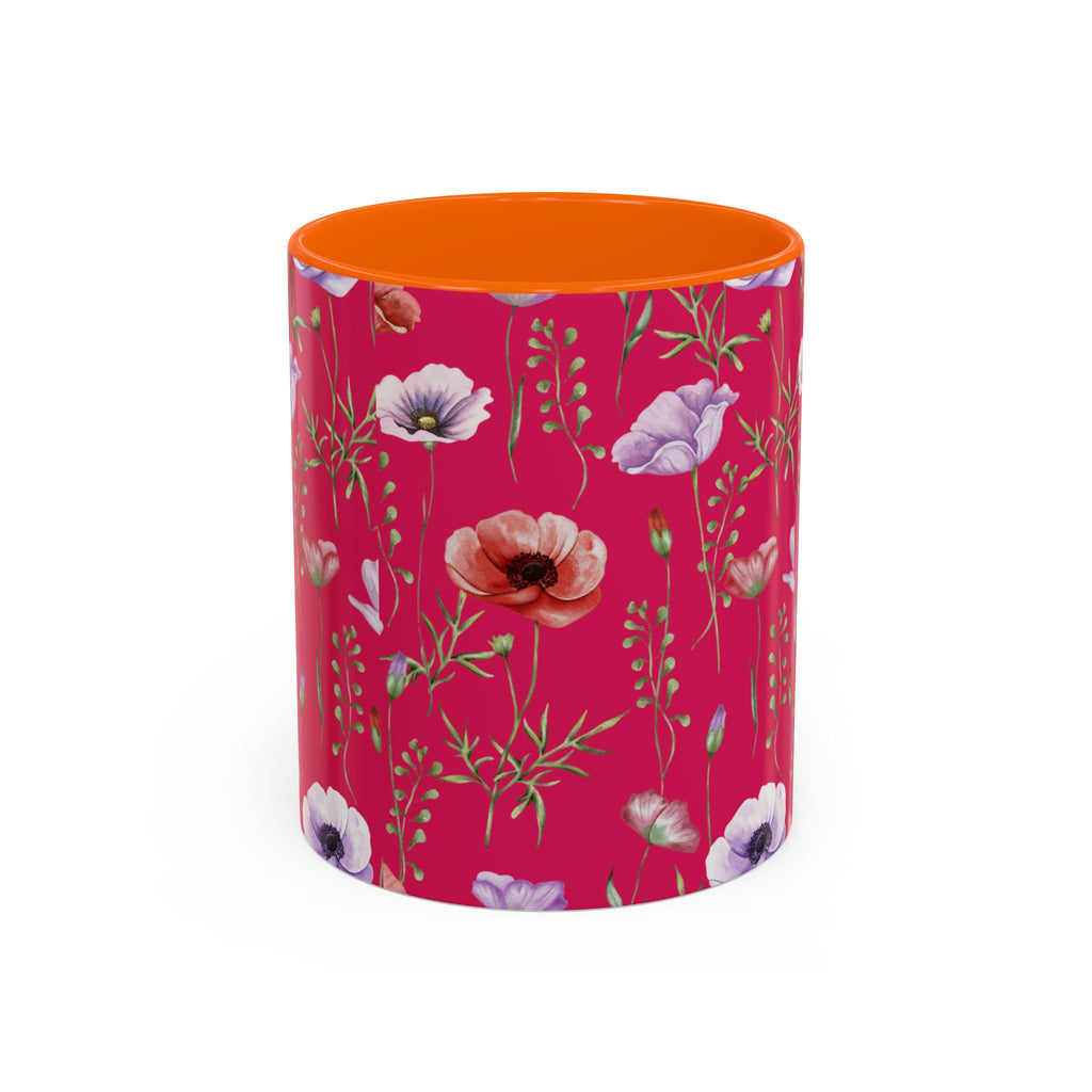 Floral Poppy Accent Coffee Mug — Red Botanical Pattern (11/15 oz)