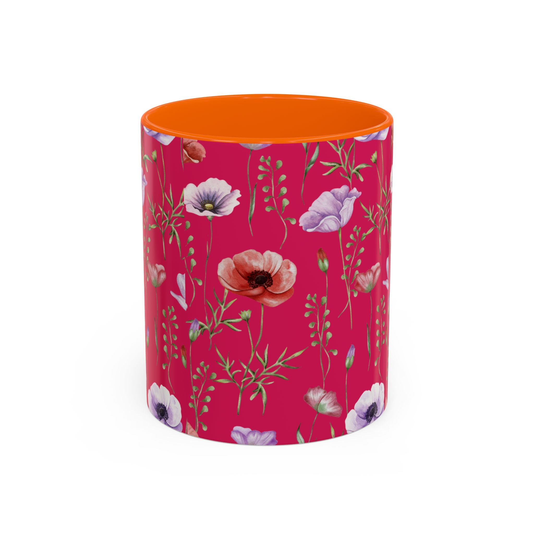 Floral Poppy Accent Coffee Mug — Red Botanical Pattern (11/15 oz)