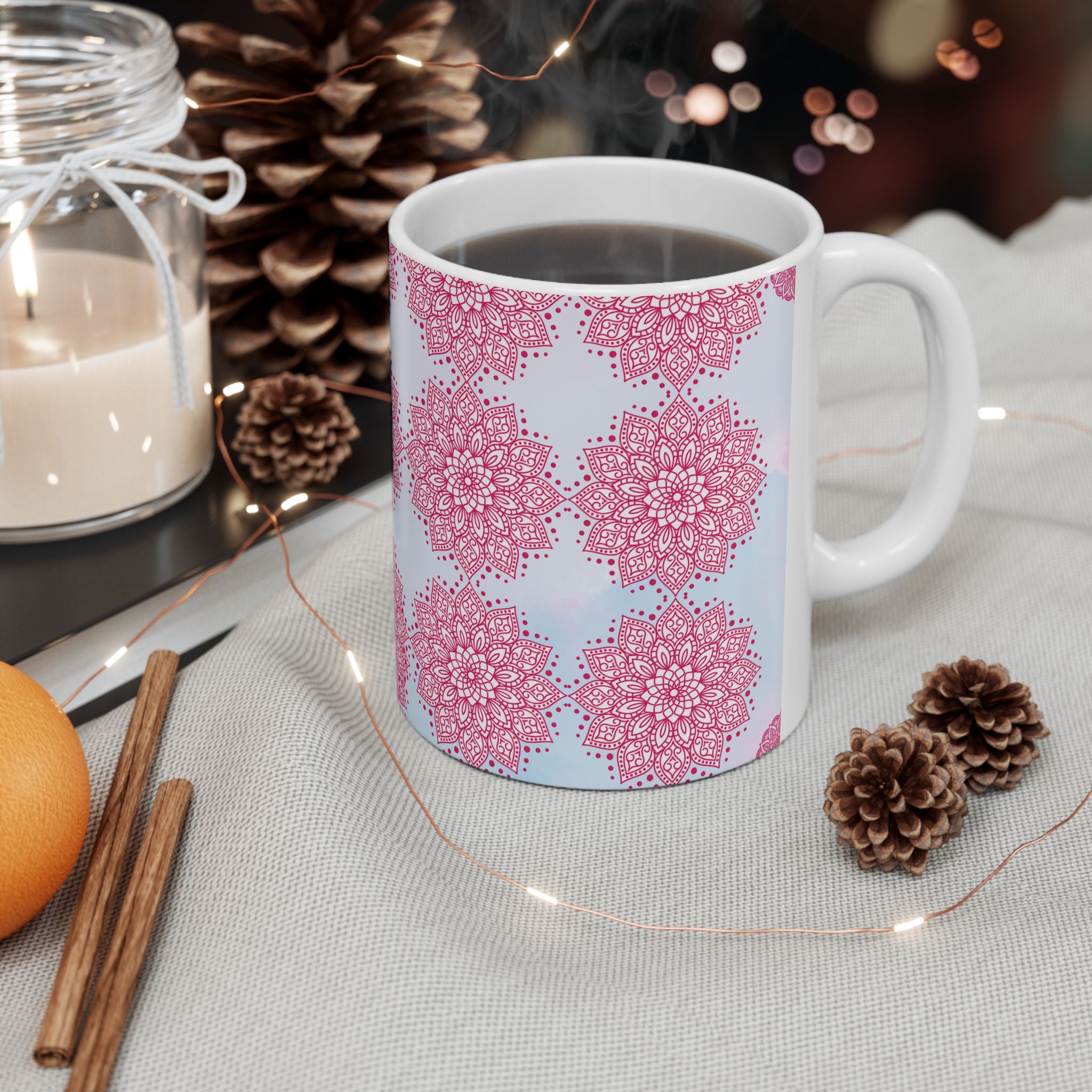 Pink Mandala Ceramic Mug — Floral Kaleidoscope Coffee Cup (11oz/15oz)