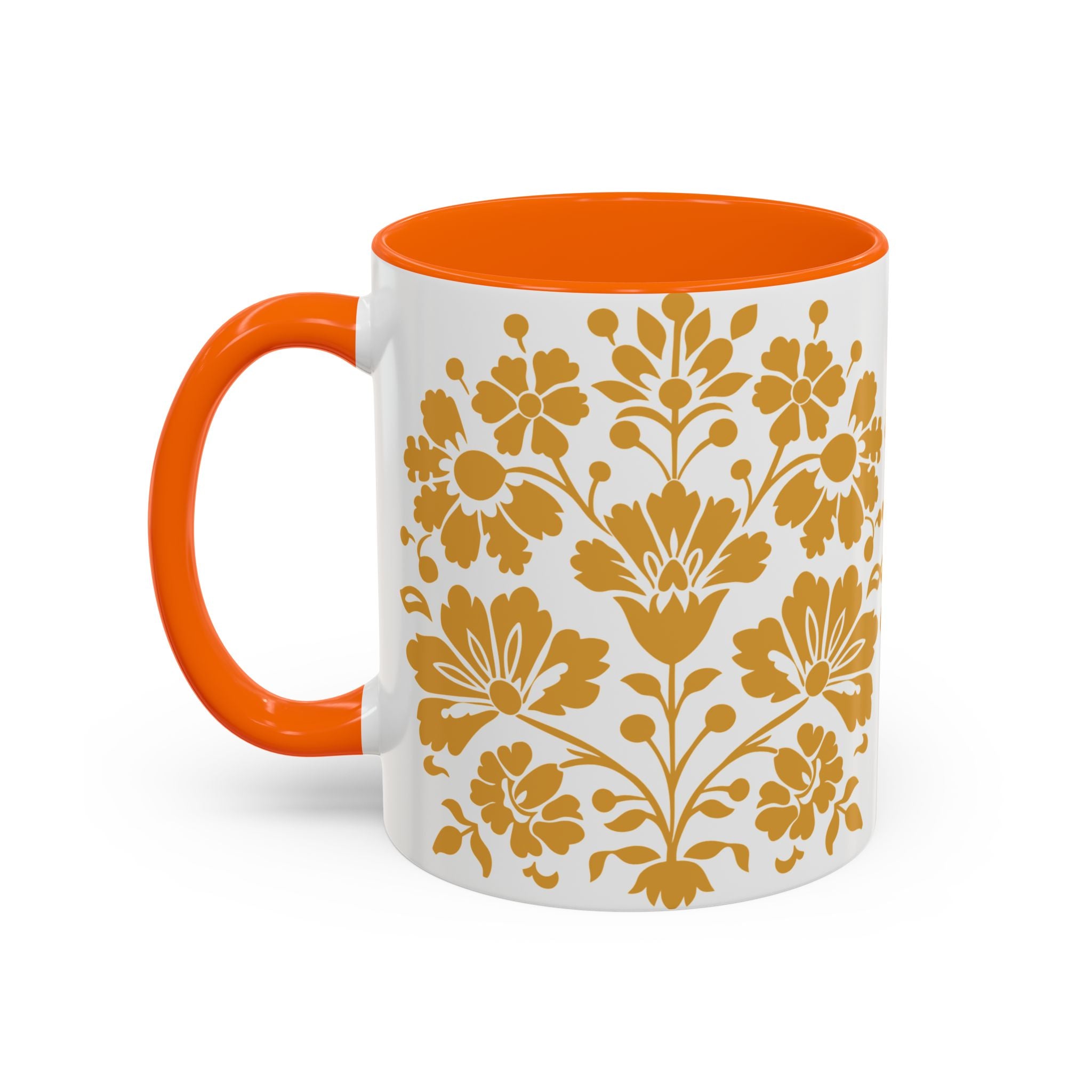 Gold Floral Accent Coffee Mug — Elegant Damask 11/15oz Ceramic