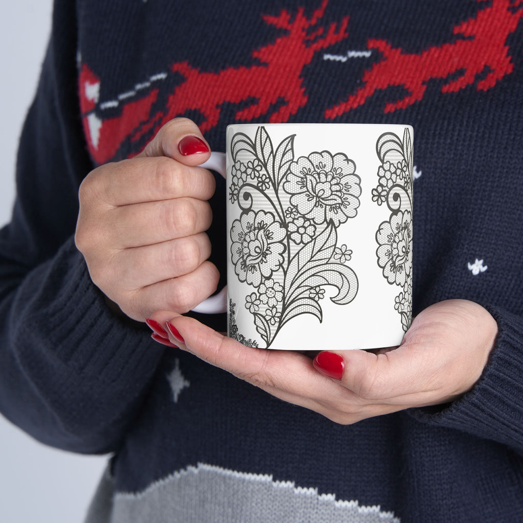 Floral Outline Ceramic Mug — Black & White Hand-Drawn Flower Pattern (11oz, 15oz)
