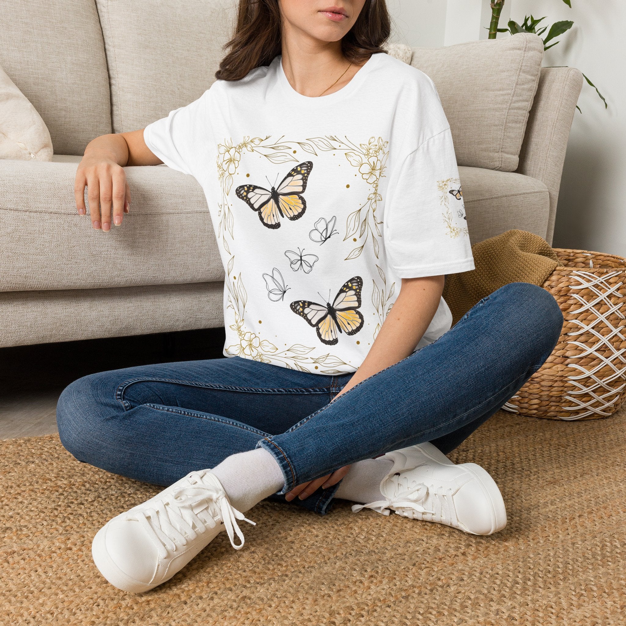 Butterfly Floral Tee — Yellow Monarch Nature Graphic T-Shirt