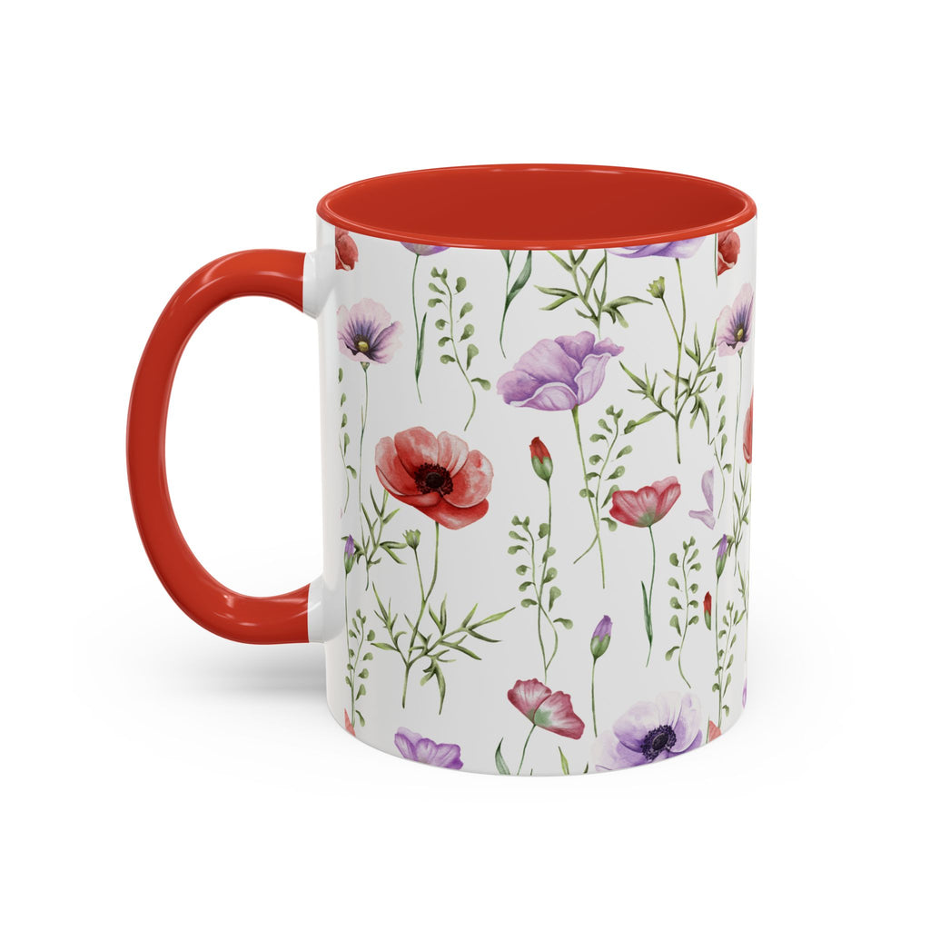 Floral Watercolor Accent Coffee Mug — Poppy & Wildflower Pattern (11/15oz)