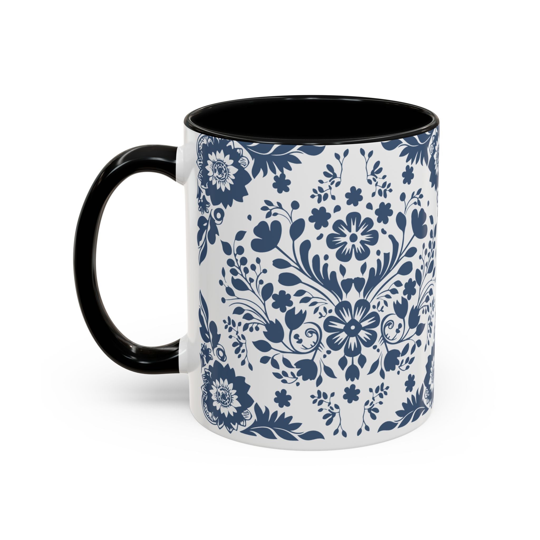 Blue Floral Accent Coffee Mug - Navy Vintage Delft Pattern (11/15oz)