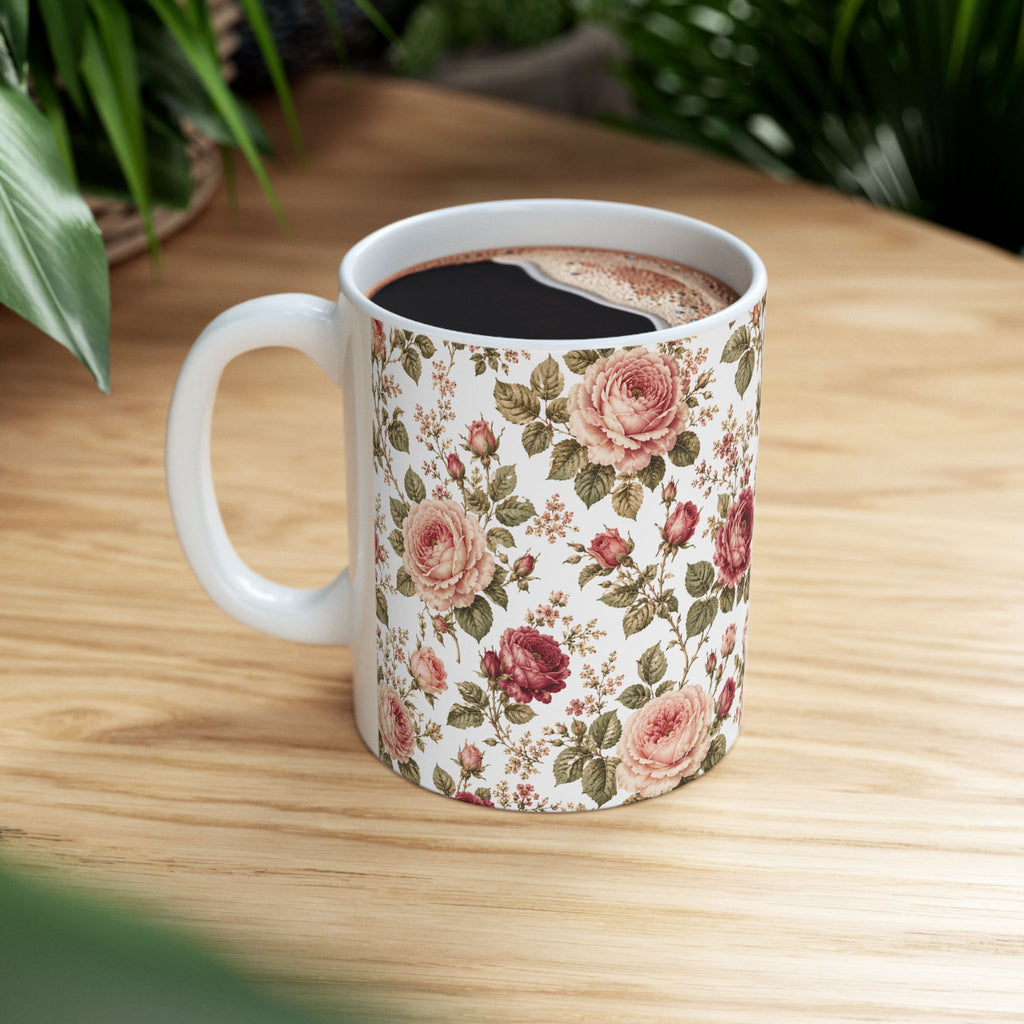 Vintage Rose Floral Ceramic Mug — 11oz & 15oz Tea Coffee Cup
