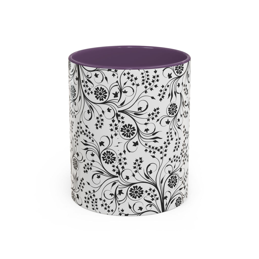 Black Floral Accent Coffee Mug — Elegant Swirl Pattern (11/15oz)
