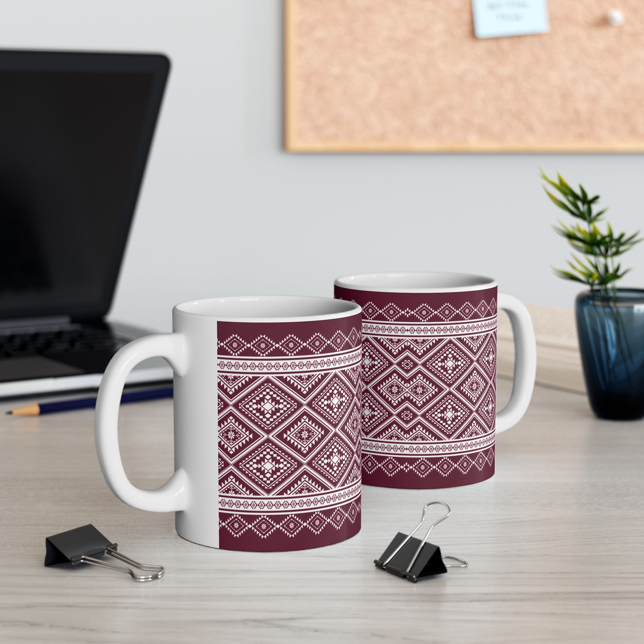 Maroon Nordic Pattern Ceramic Mug — Cozy Scandinavian Knit Design (11oz & 15oz)
