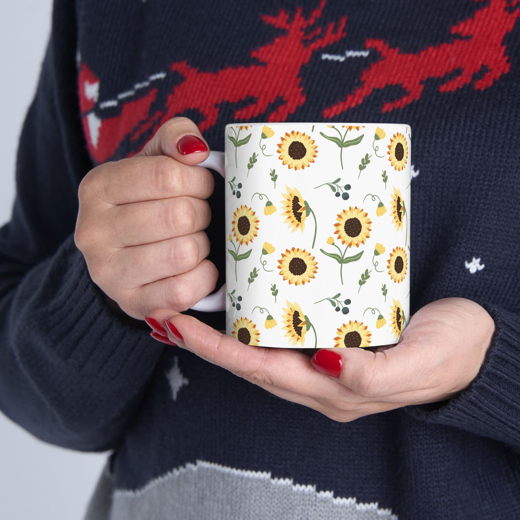 Sunflower Pattern Ceramic Mug — Floral Coffee Tea Cup (11oz, 15oz)