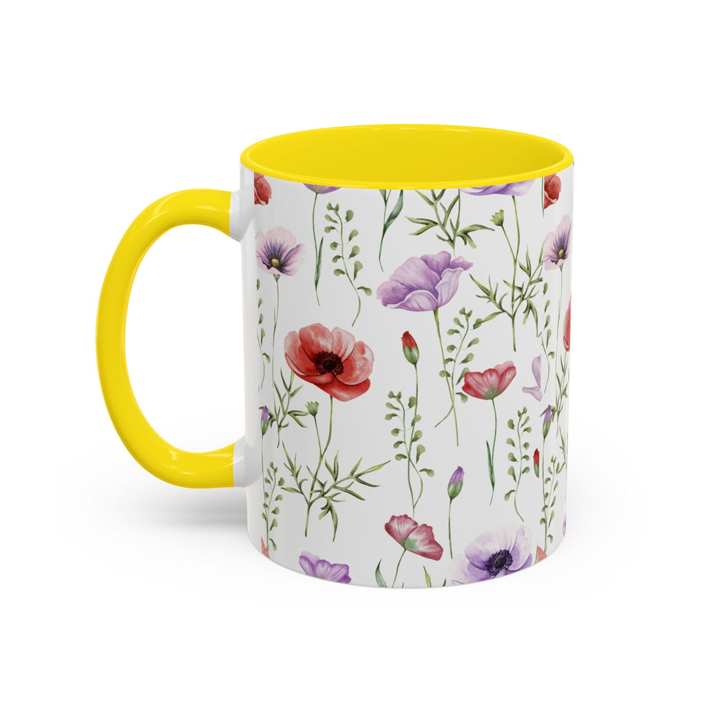 Floral Watercolor Accent Coffee Mug — Poppy & Wildflower Pattern (11/15oz)
