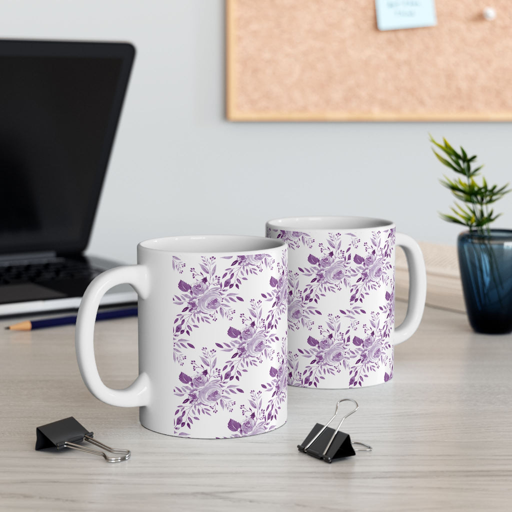 Purple Watercolor Floral Ceramic Mug — Lavender Rose Pattern (11oz & 15oz)
