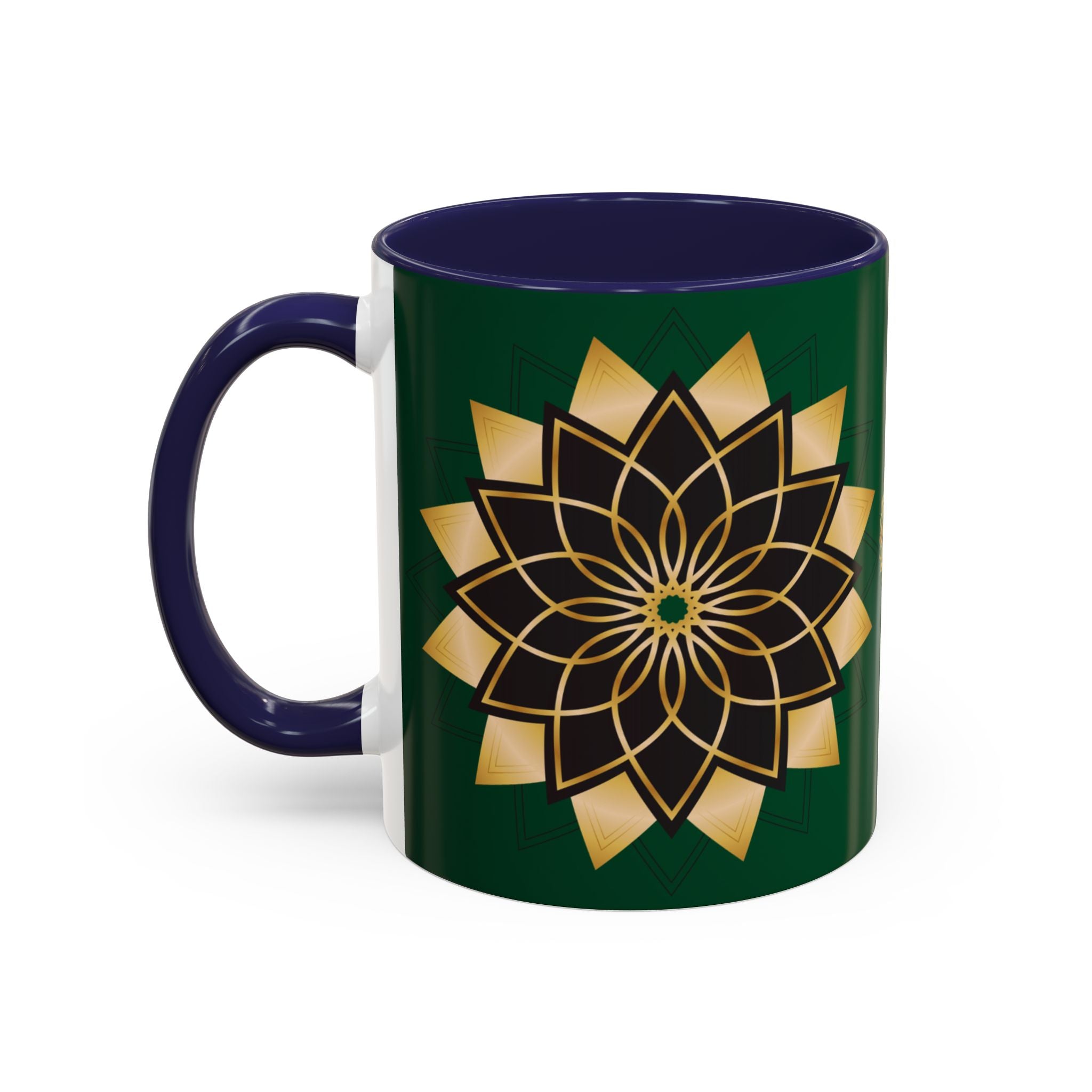 Gold Mandala Accent Coffee Mug — Elegant Green & Black Ceramic 11/15oz