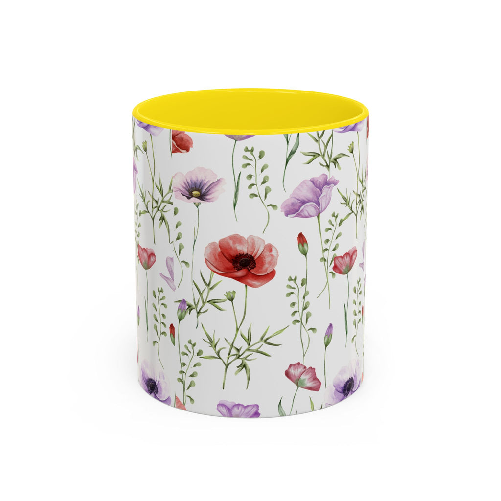 Floral Watercolor Accent Coffee Mug — Poppy & Wildflower Pattern (11/15oz)
