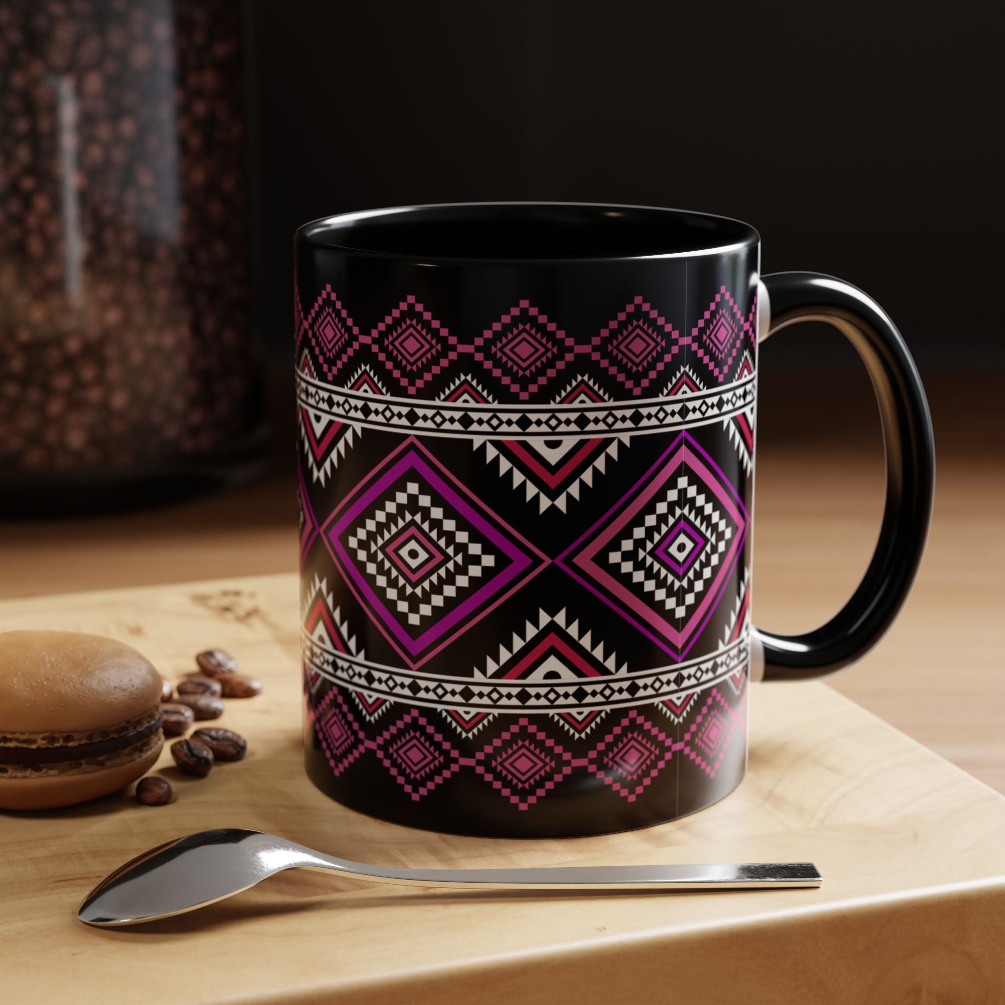 Geometric Aztec Accent Coffee Mug — Pink & Black Tribal Pattern (11/15oz)