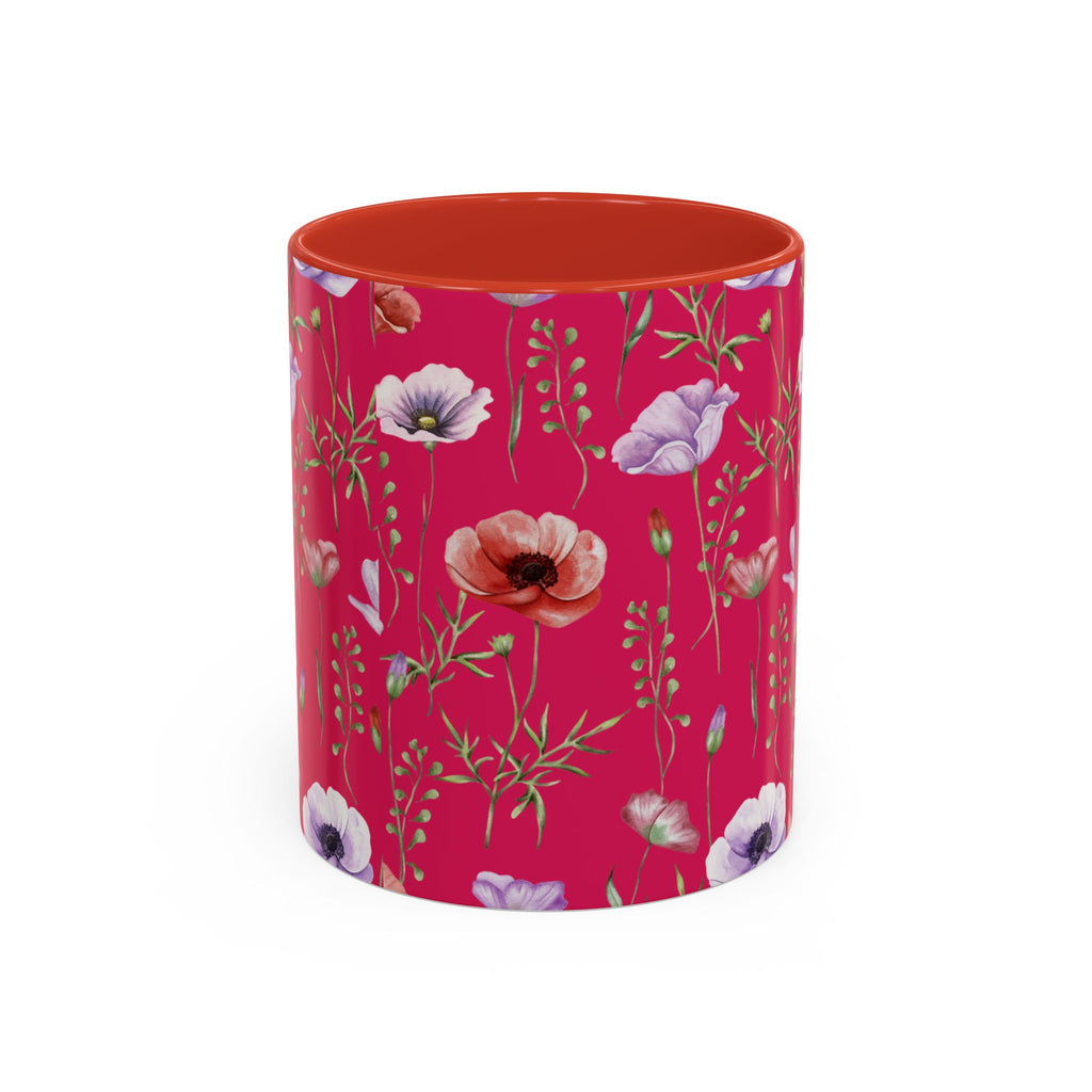 Floral Poppy Accent Coffee Mug — Red Botanical Pattern (11/15 oz)