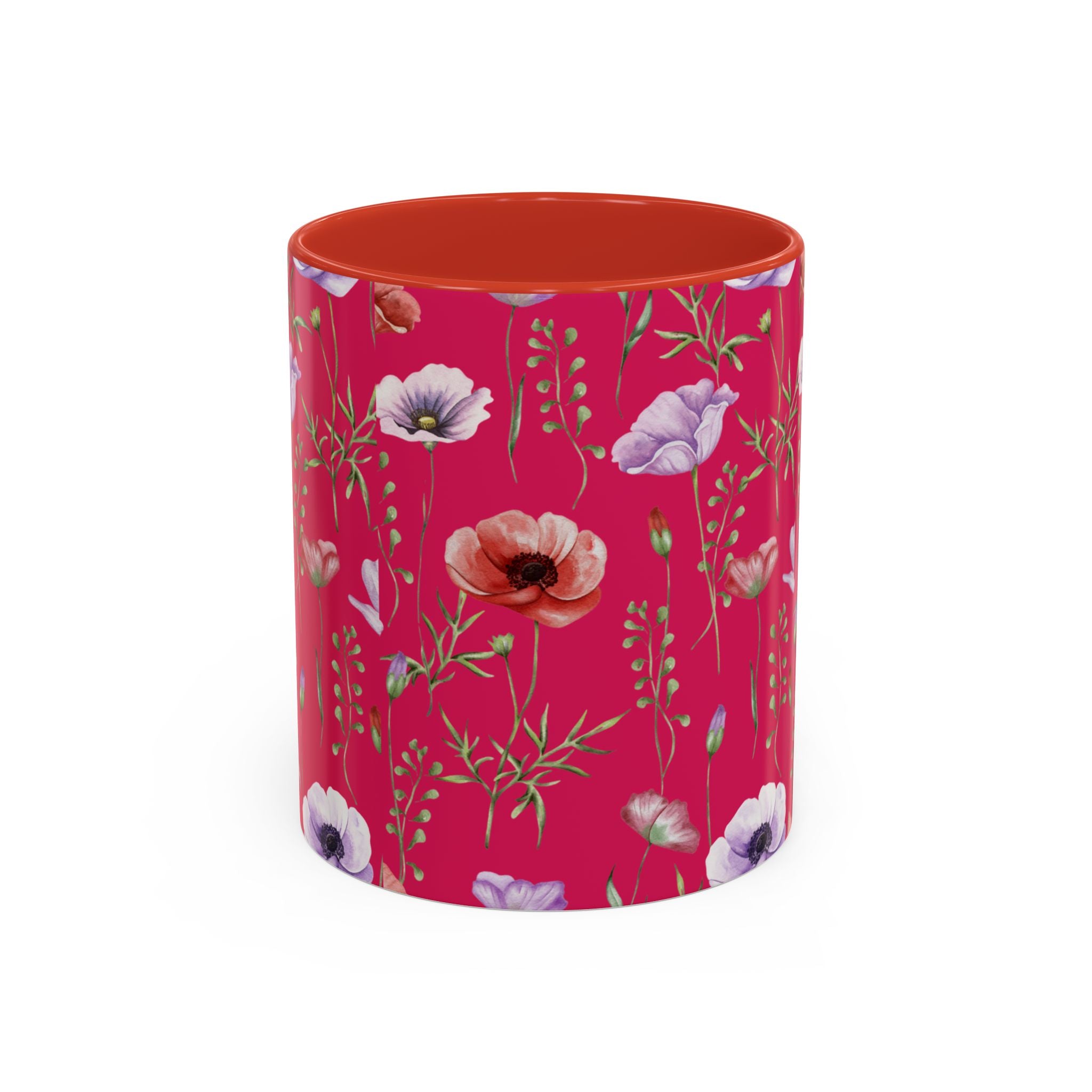 Floral Poppy Accent Coffee Mug — Red Botanical Pattern (11/15 oz)