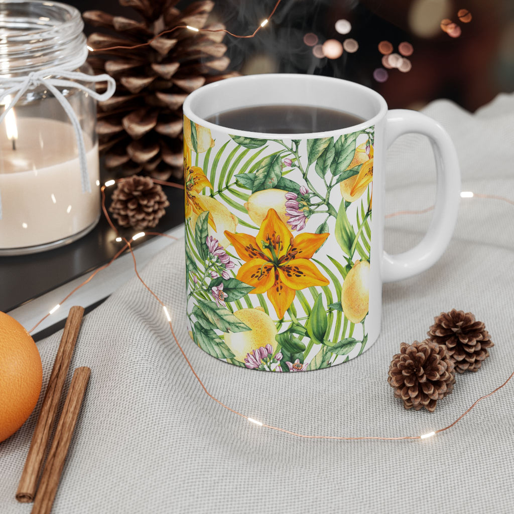 Citrus Lily Ceramic Mug — Tropical Floral Coffee Cup (11oz & 15oz)