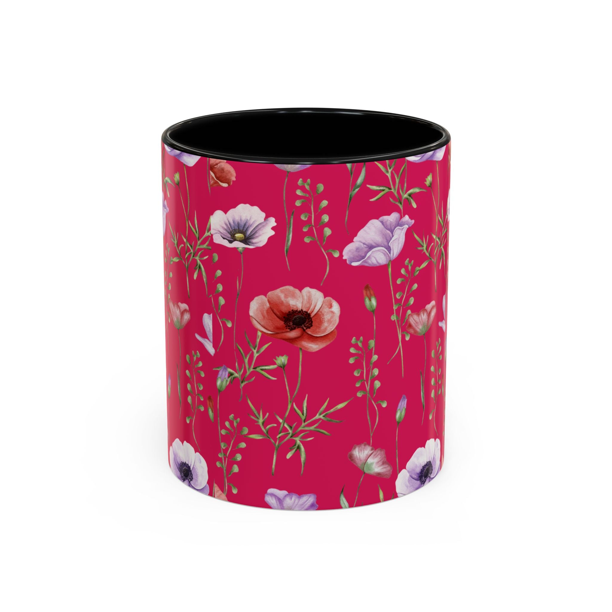 Floral Poppy Accent Coffee Mug — Red Botanical Pattern (11/15 oz)