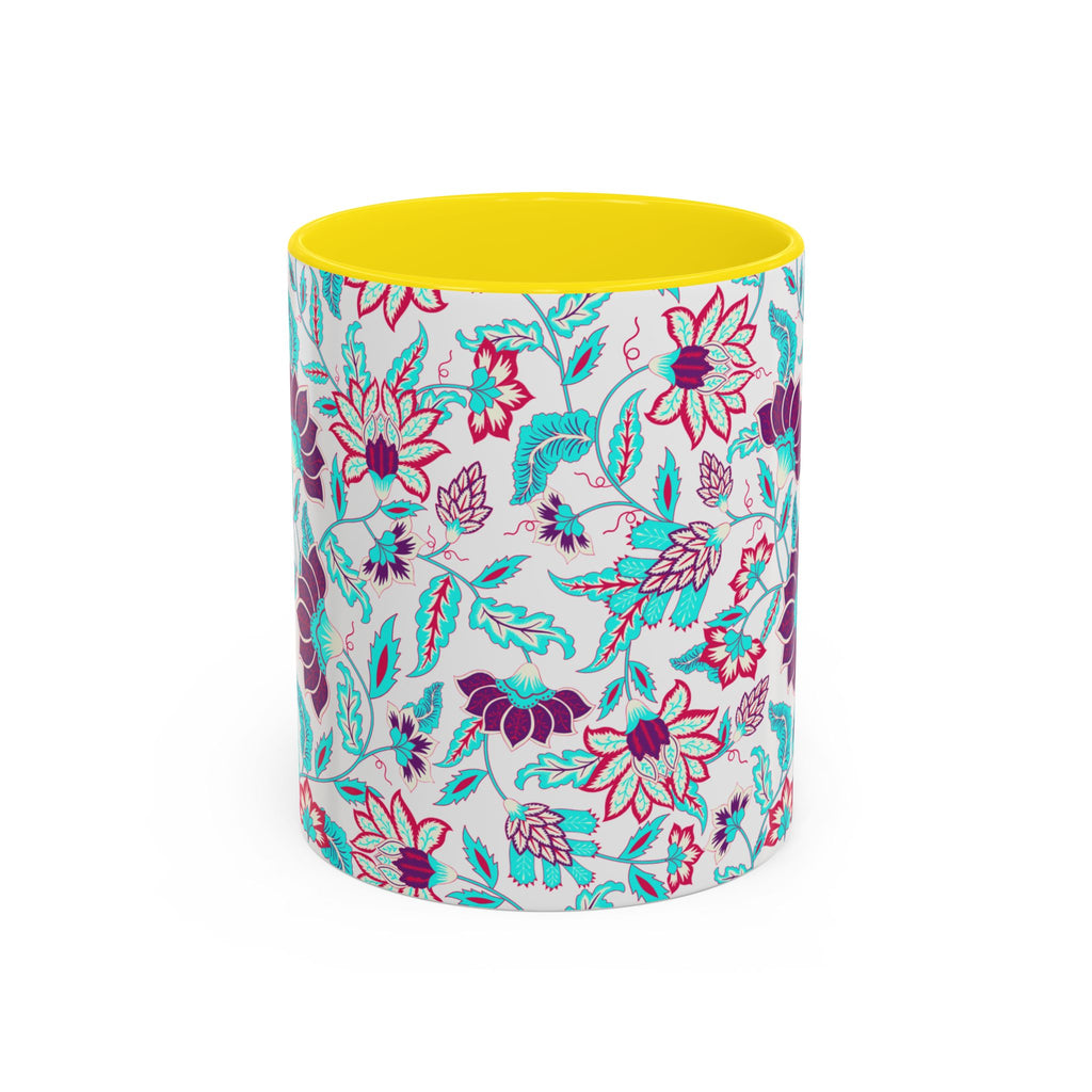 Floral Accent Coffee Mug – Teal & Magenta Patterned Ceramic Mug (11/15oz)