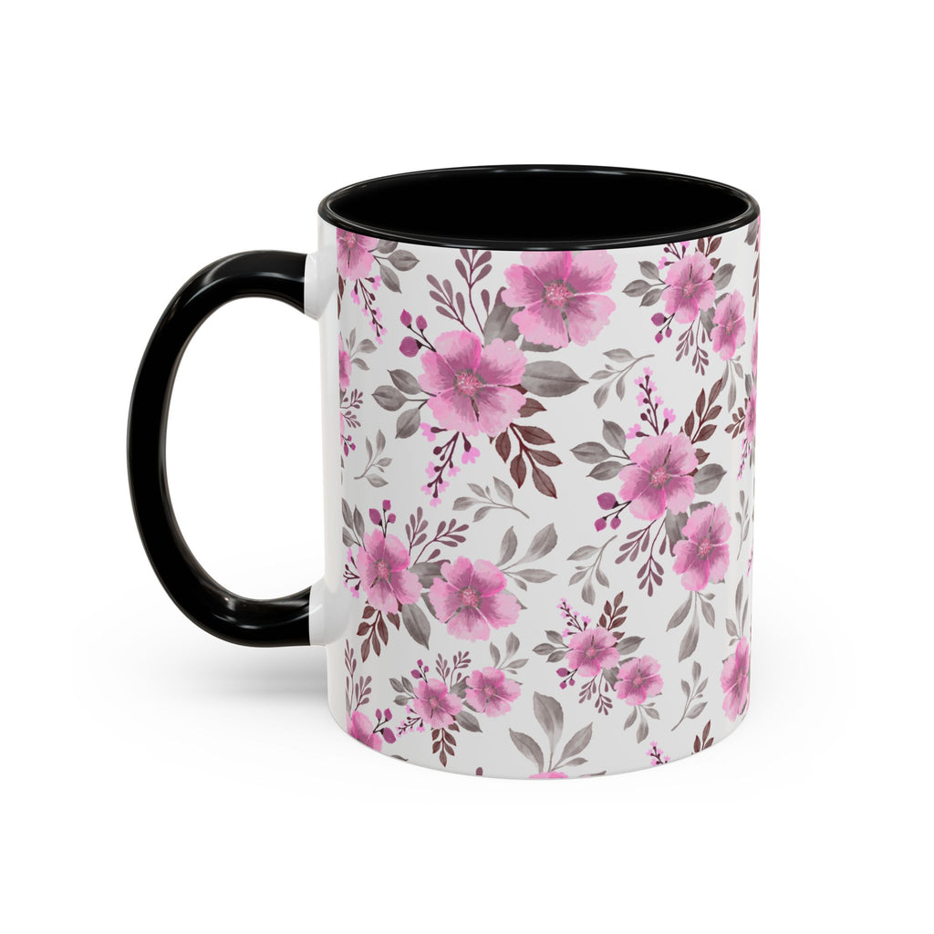Pink Floral Accent Coffee Mug — Ceramic Rose Pattern 11/15oz