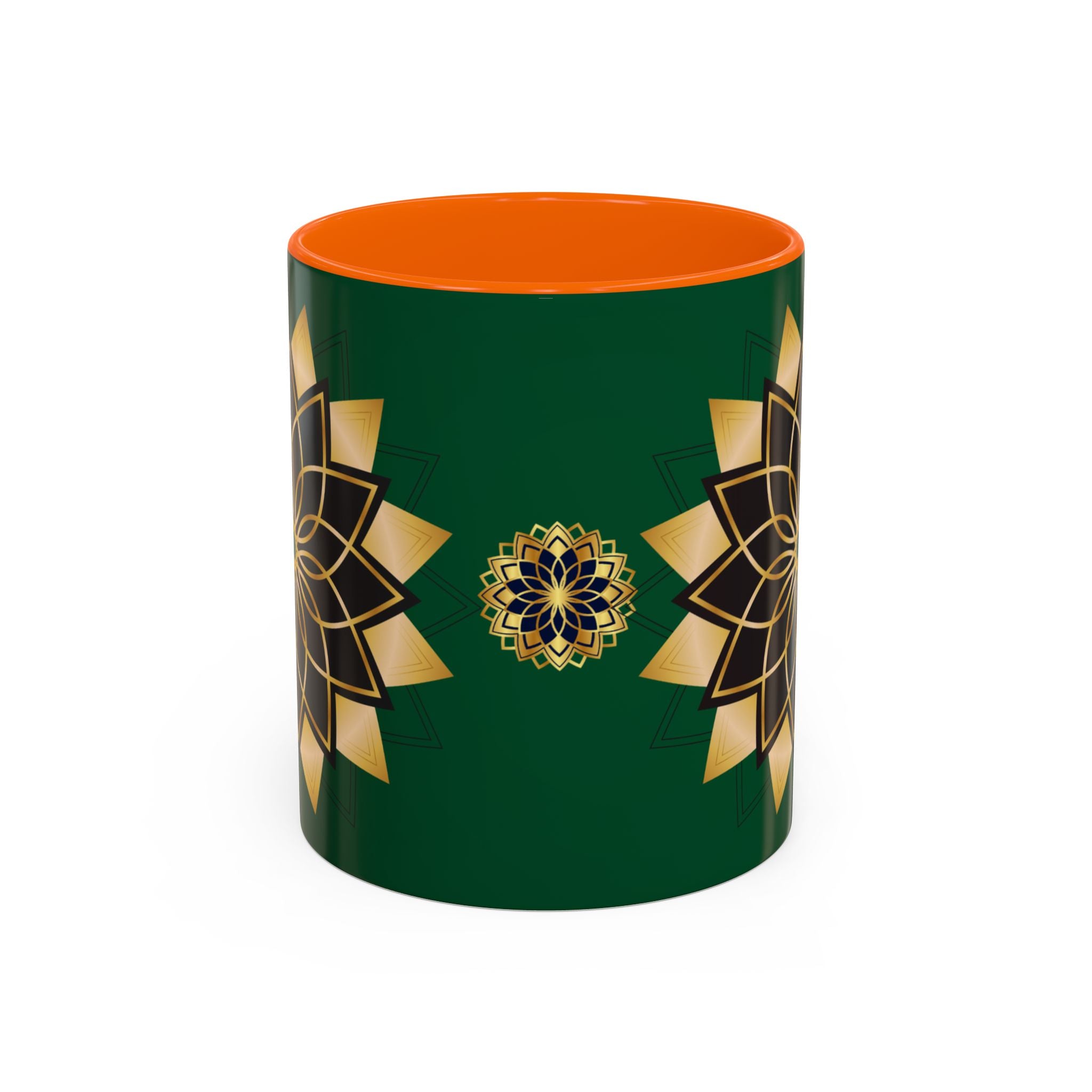 Gold Mandala Accent Coffee Mug — Elegant Green & Black Ceramic 11/15oz