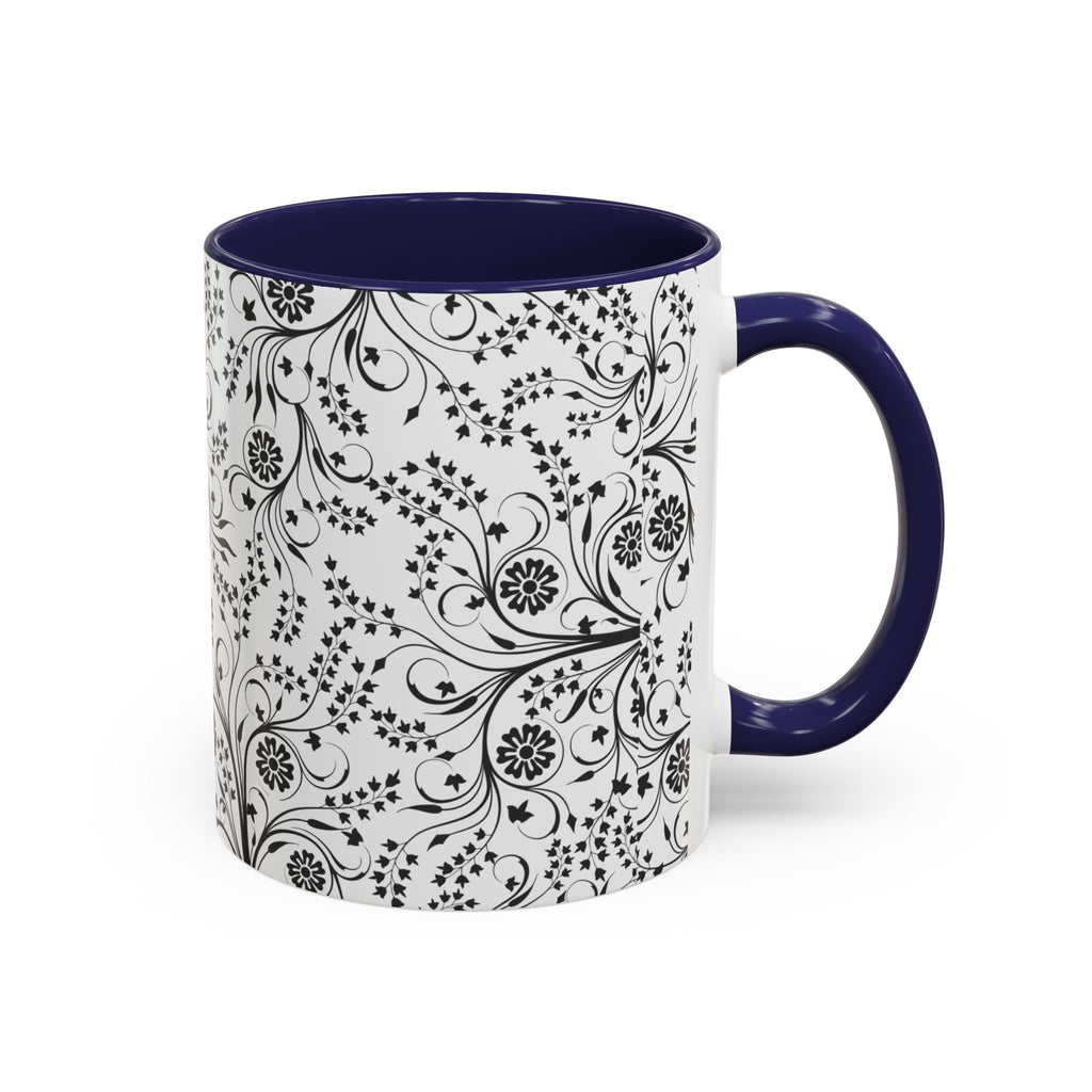 Black Floral Accent Coffee Mug — Elegant Swirl Pattern (11/15oz)