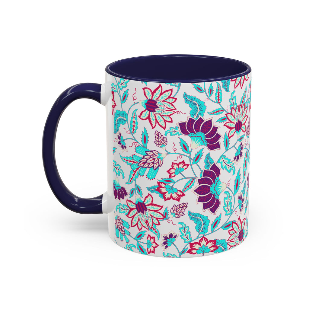 Floral Accent Coffee Mug – Teal & Magenta Patterned Ceramic Mug (11/15oz)