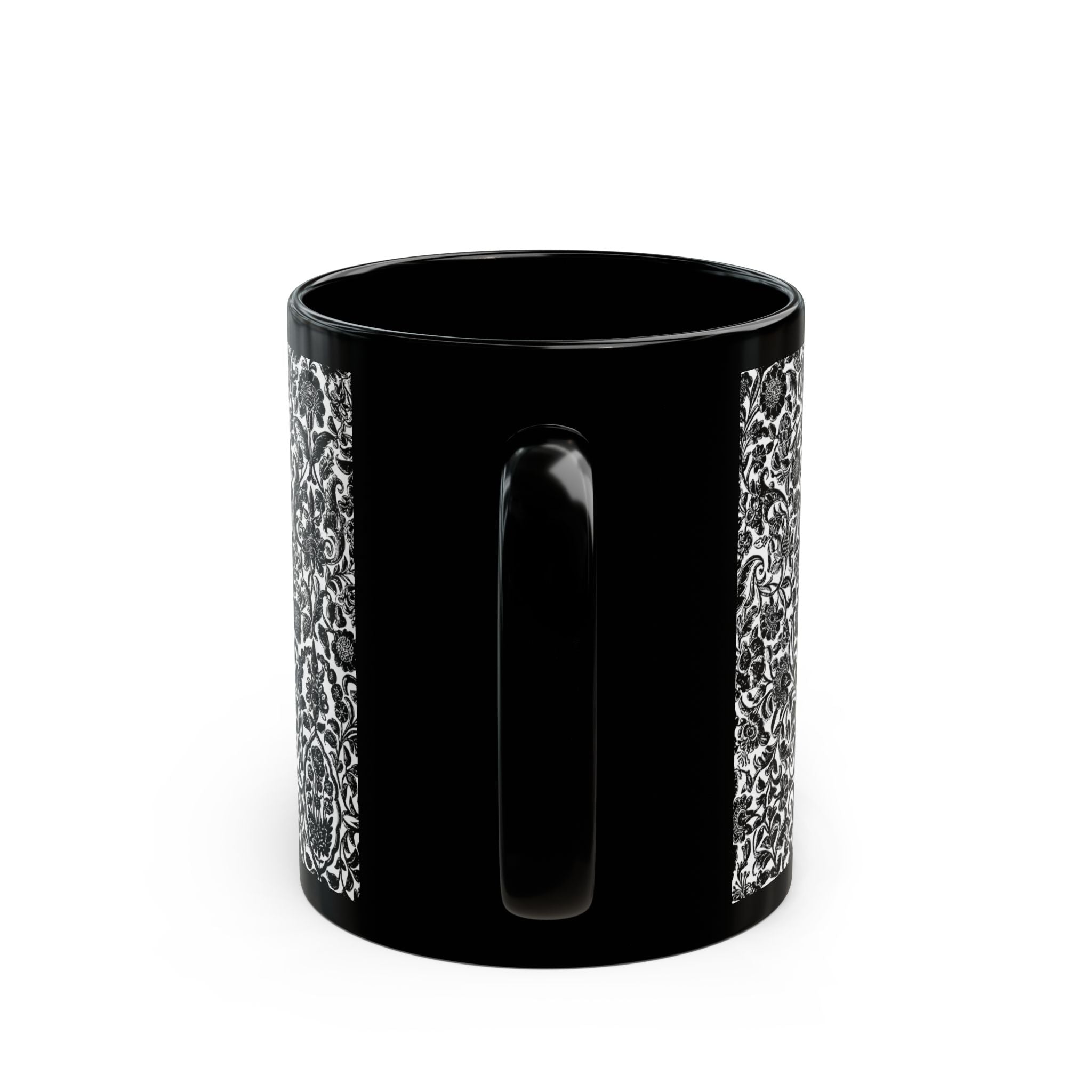 Black Ceramic Mug — Intricate Vintage Floral Pattern (11oz & 15oz)