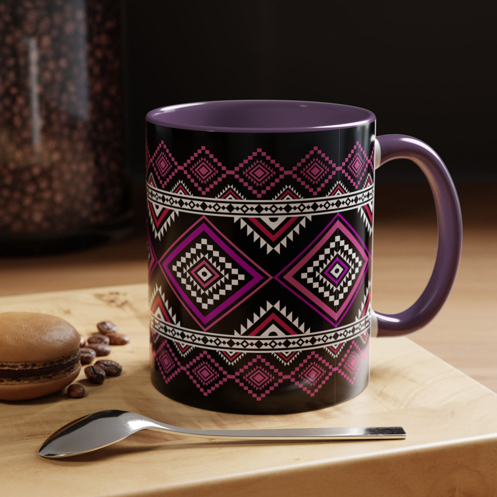 Geometric Aztec Accent Coffee Mug — Pink & Black Tribal Pattern (11/15oz)