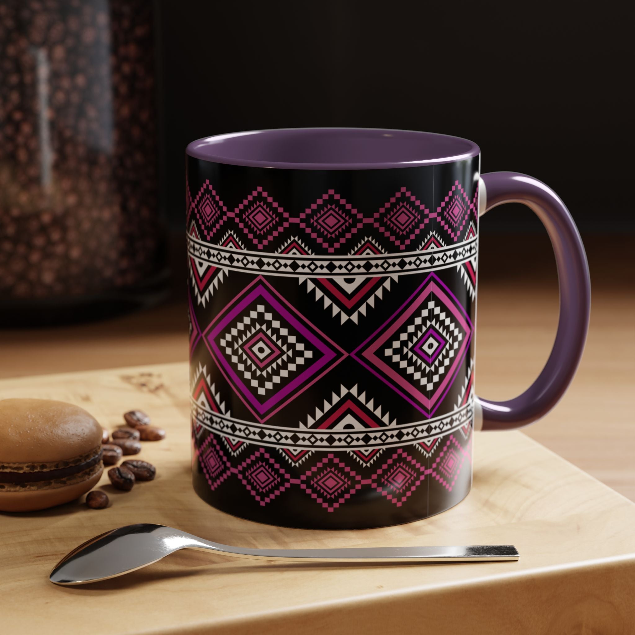 Geometric Aztec Accent Coffee Mug — Pink & Black Tribal Pattern (11/15oz)