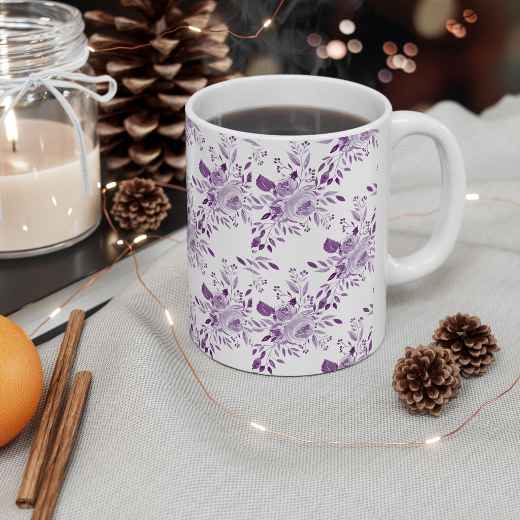 Purple Watercolor Floral Ceramic Mug — Lavender Rose Pattern (11oz & 15oz)