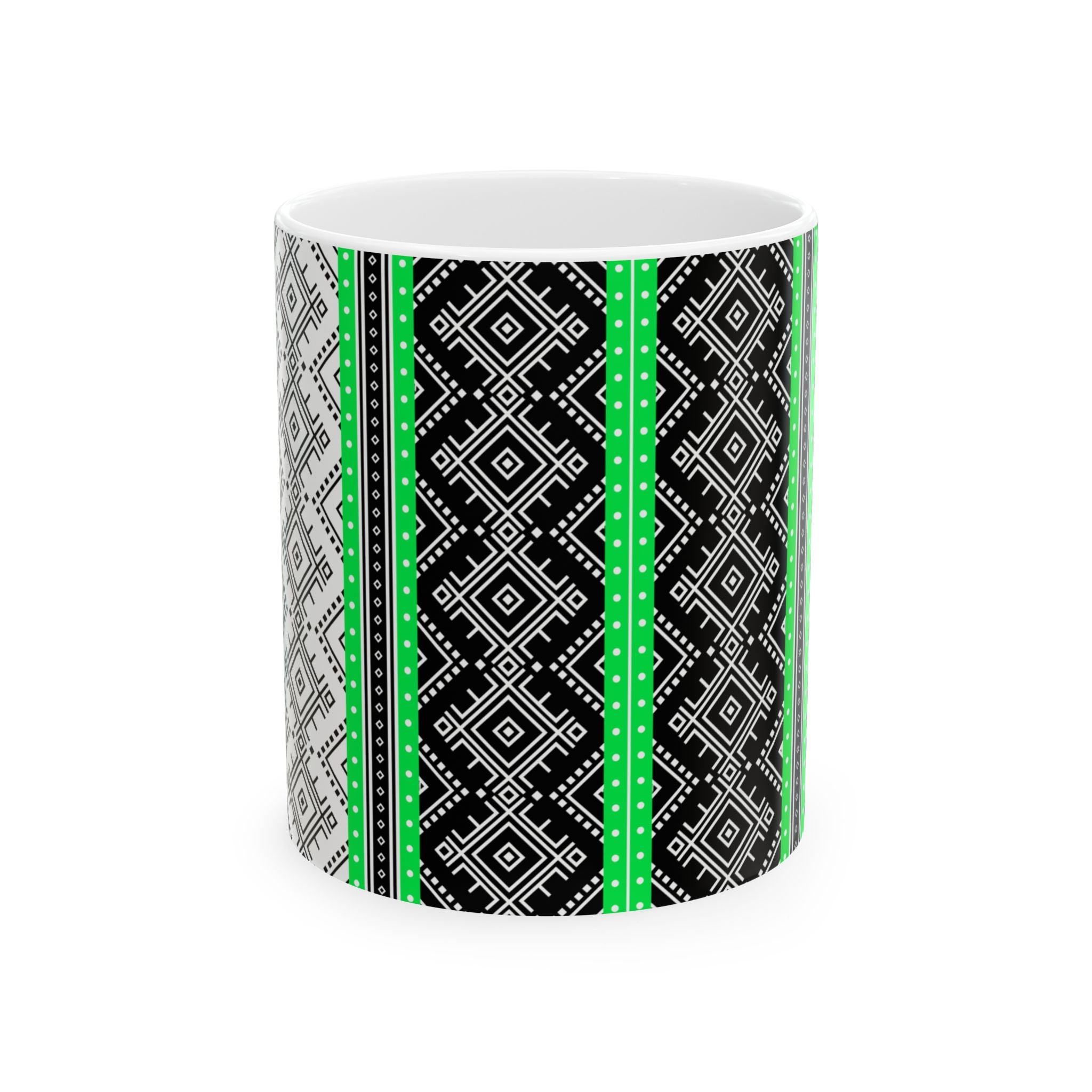 Green Stripe Ethnic Pattern Ceramic Mug – Geometric Black & Gray Tribal Design (11oz, 15oz)