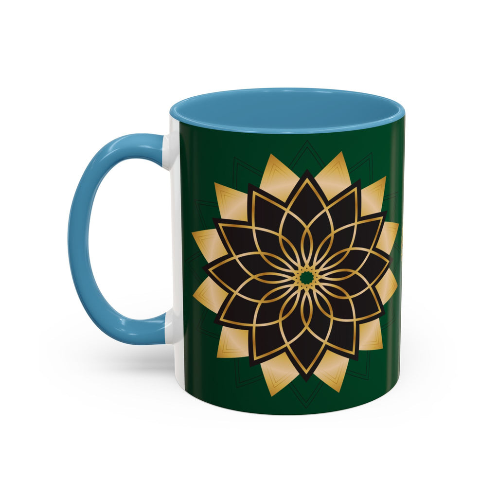 Gold Mandala Accent Coffee Mug — Elegant Green & Black Ceramic 11/15oz