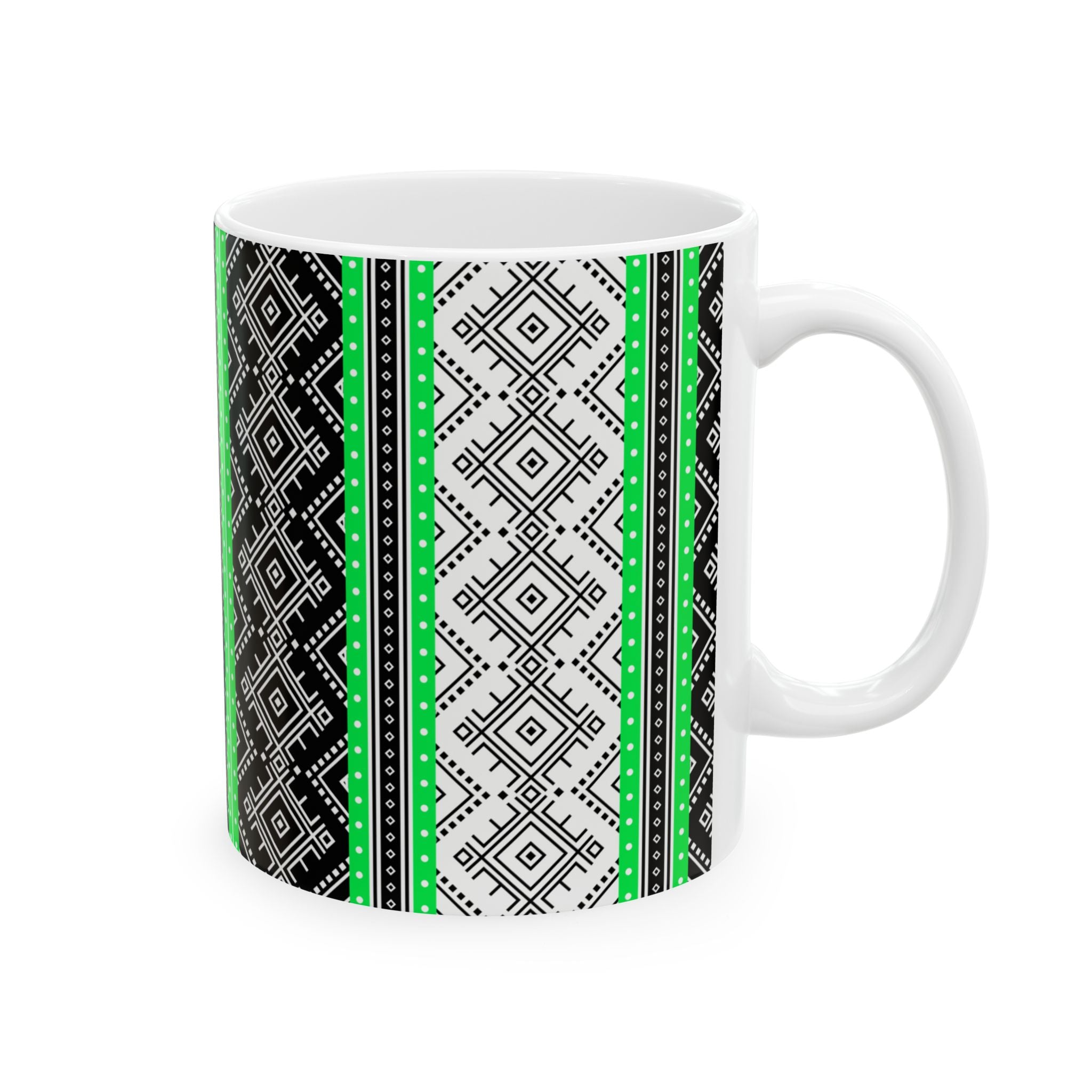 Ethnic Geometric Pattern Ceramic Mug — Black & Neon Green Tribal Stripe (11oz/15oz)
