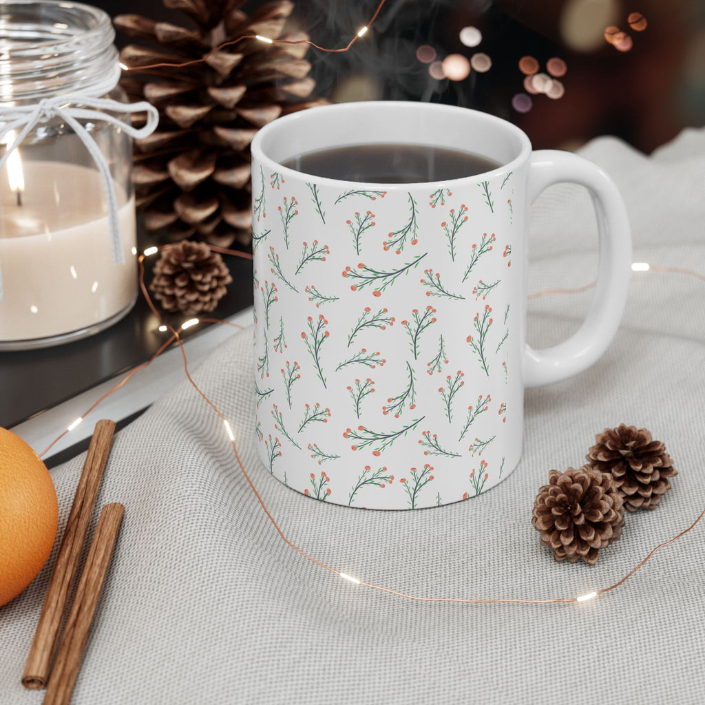 Botanical Sprig Ceramic Mug — Delicate Floral Pattern Coffee Cup (11oz, 15oz)