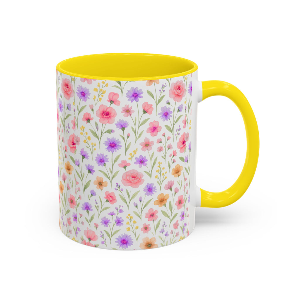 Floral Watercolor Accent Coffee Mug — Pastel Wildflower Pattern (11/15 oz)