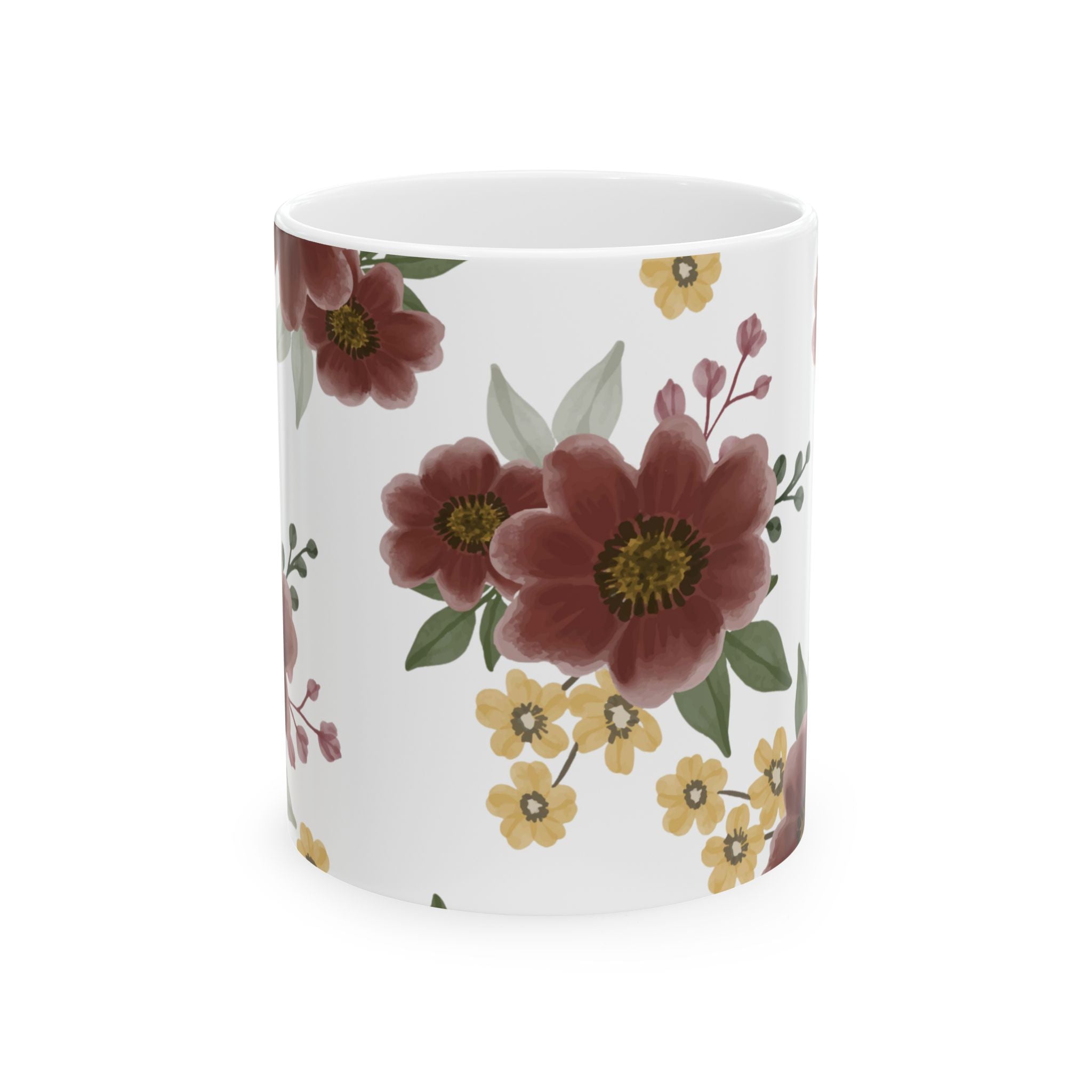 Floral Ceramic Mug – Burgundy & Mustard Wildflower Pattern (11oz & 15oz)