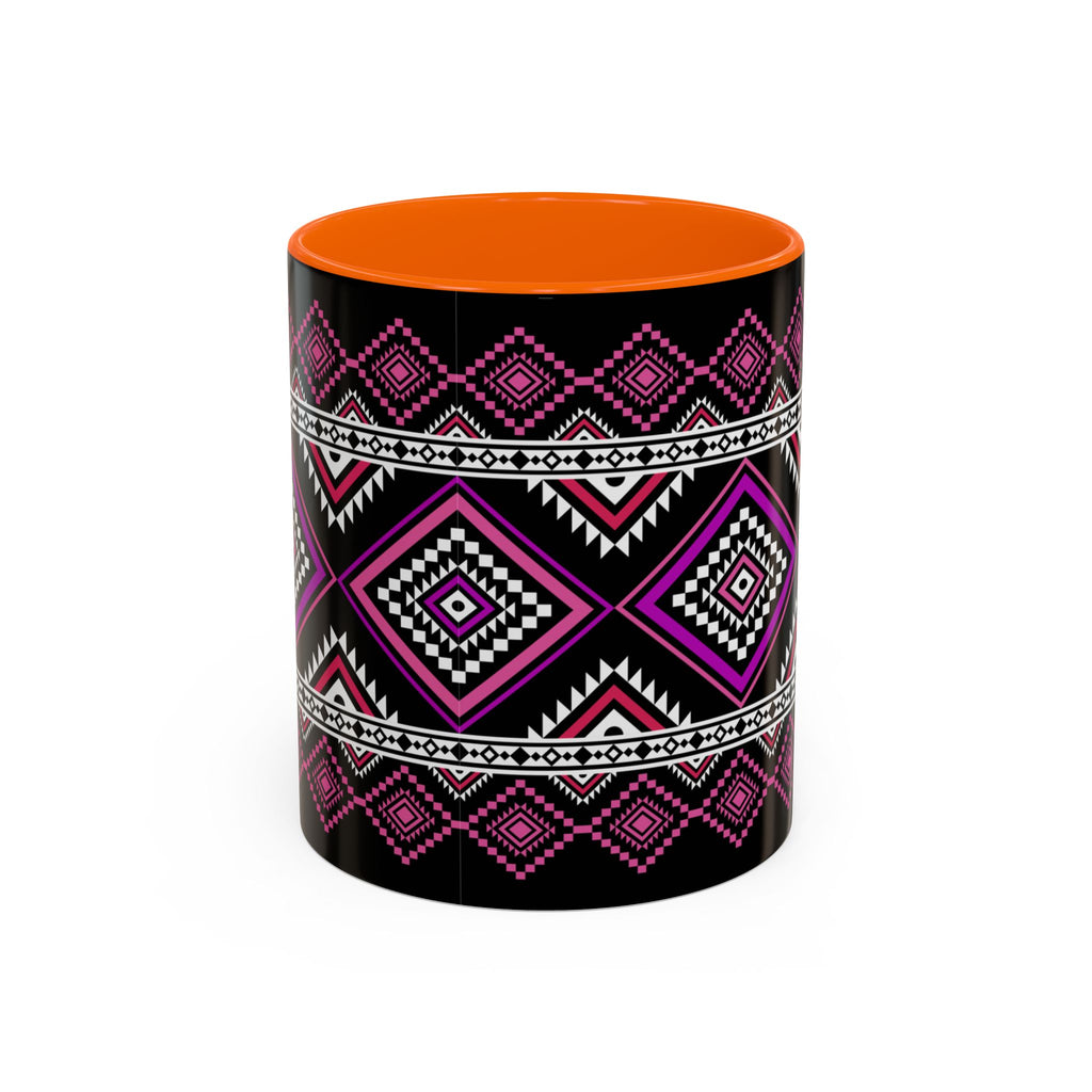 Geometric Aztec Accent Coffee Mug — Pink & Black Tribal Pattern (11/15oz)
