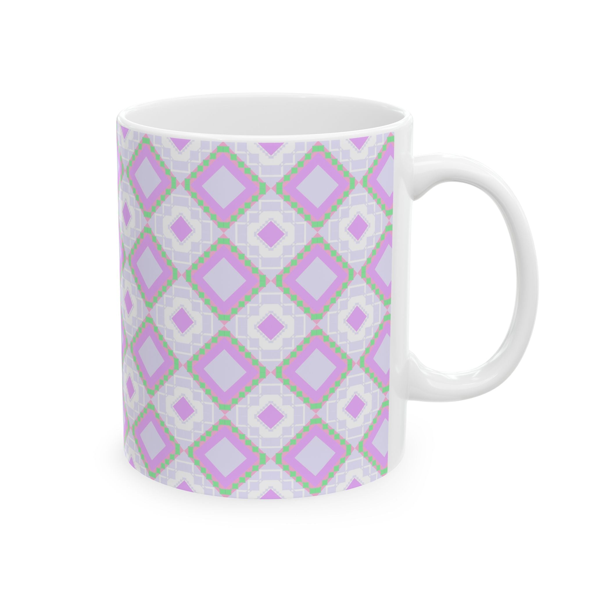 Pastel Geometric Ceramic Mug — Lavender Diamond Pattern (11oz, 15oz)