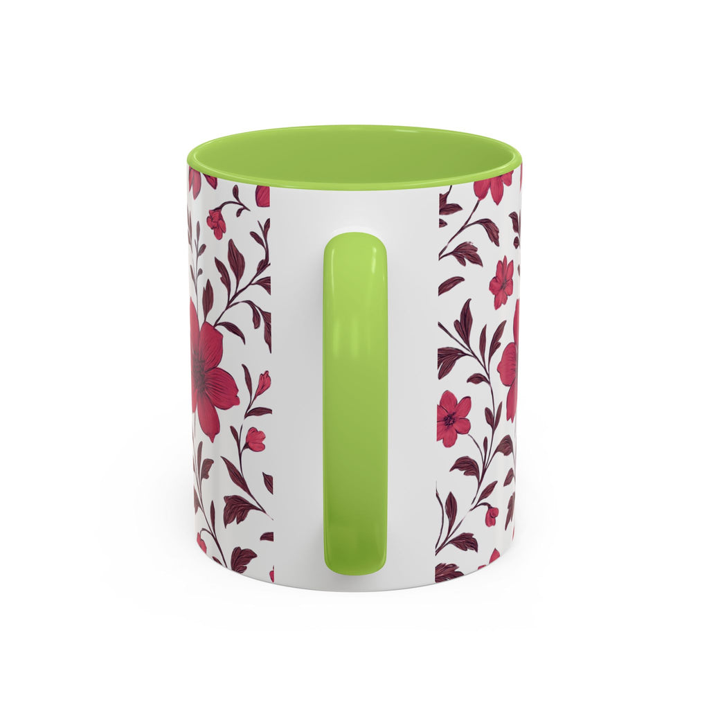 Floral Burgundy Accent Coffee Mug — Pink Blossom Pattern, 11/15oz
