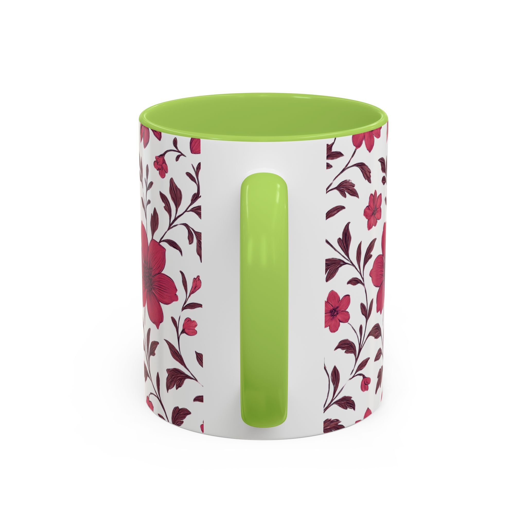 Floral Burgundy Accent Coffee Mug — Pink Blossom Pattern, 11/15oz