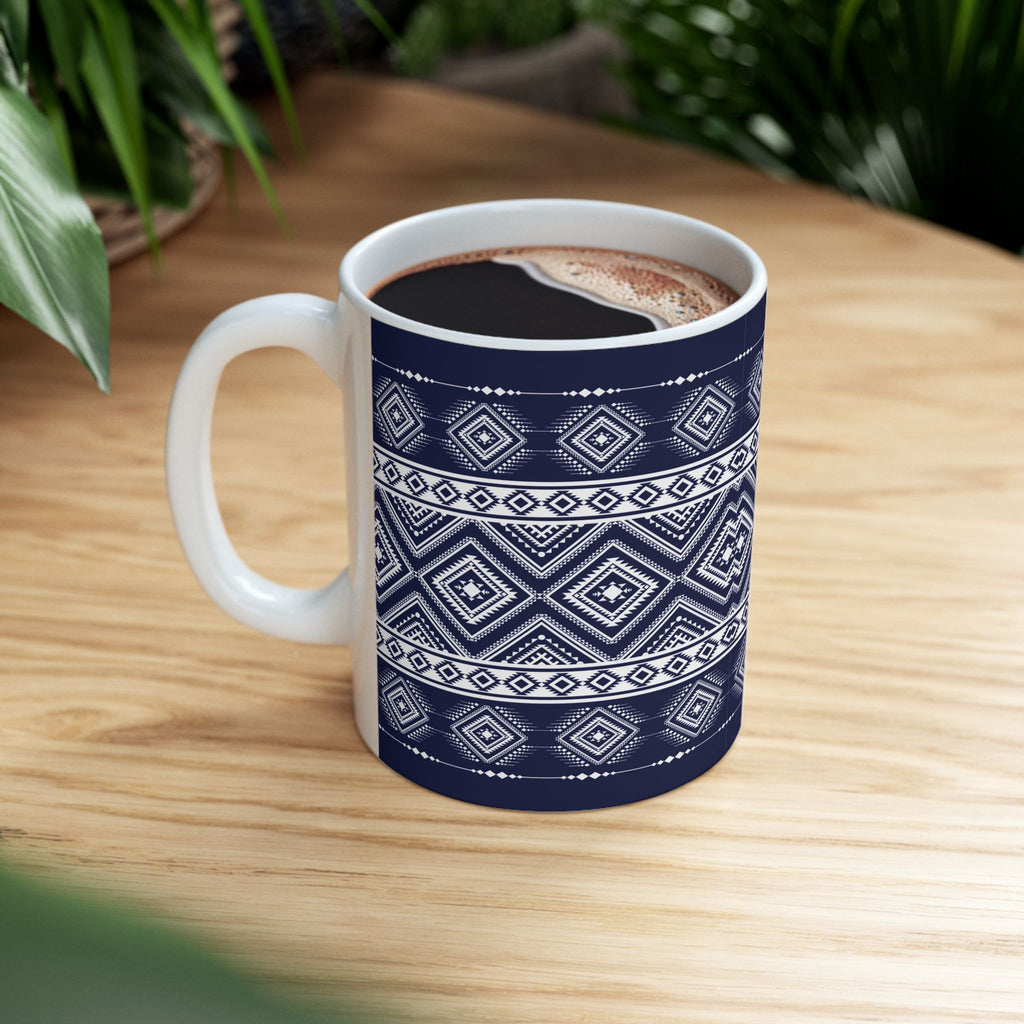 Navy Aztec Pattern Ceramic Mug — Geometric Tribal 11oz & 15oz