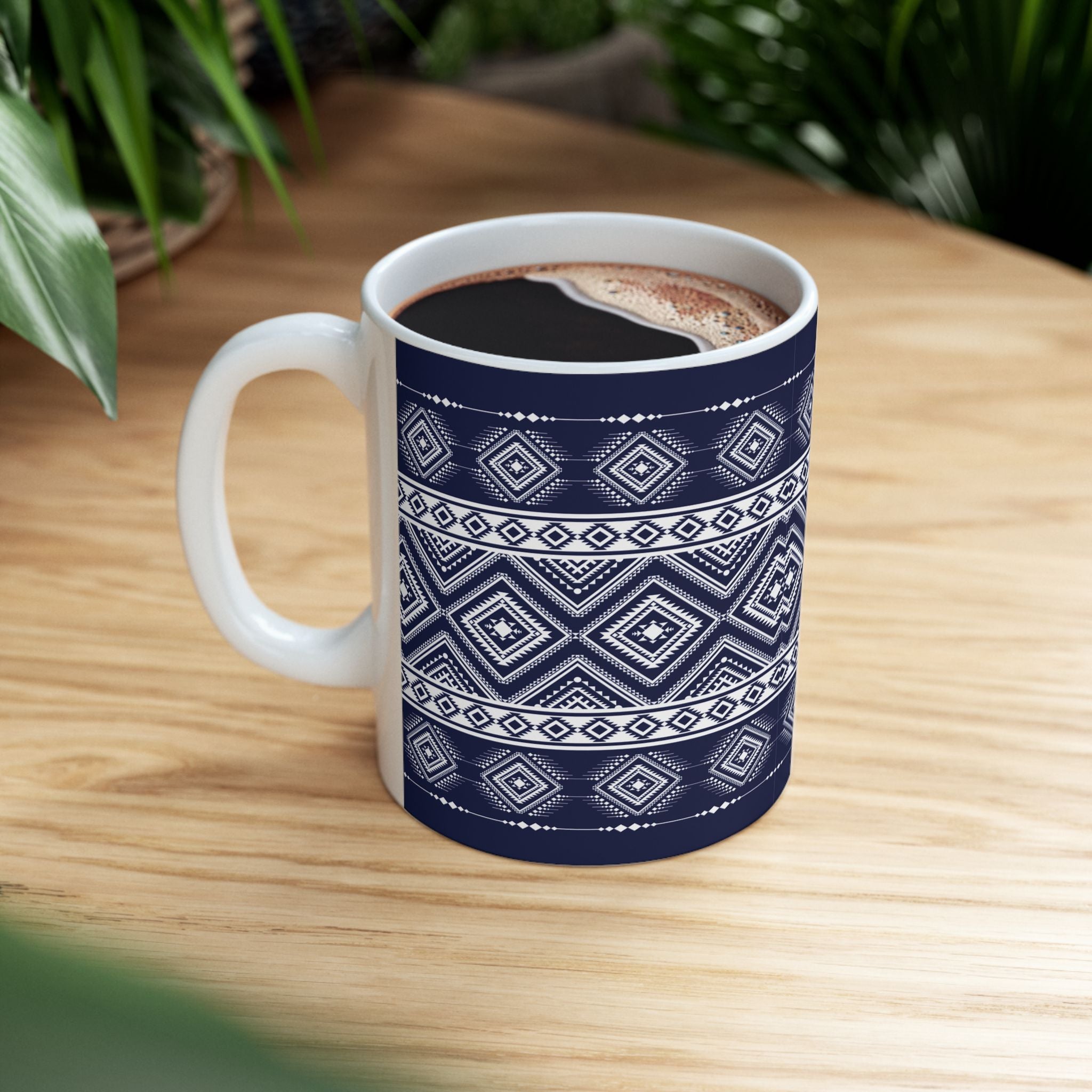 Navy Aztec Pattern Ceramic Mug — Geometric Tribal 11oz & 15oz